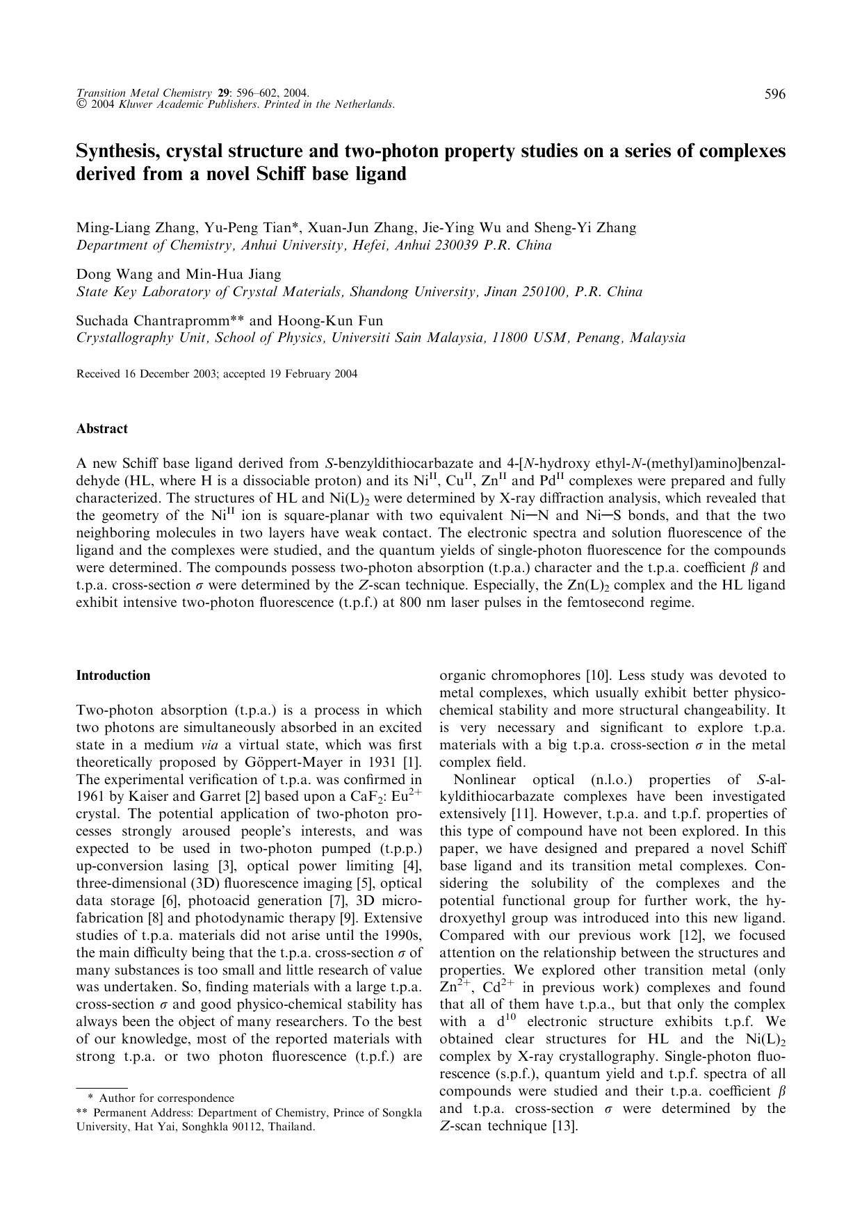 Synthesis, crystal structure and two-photon property studies on a series of complexes derived from a novel Schiff base ligand by Unknown