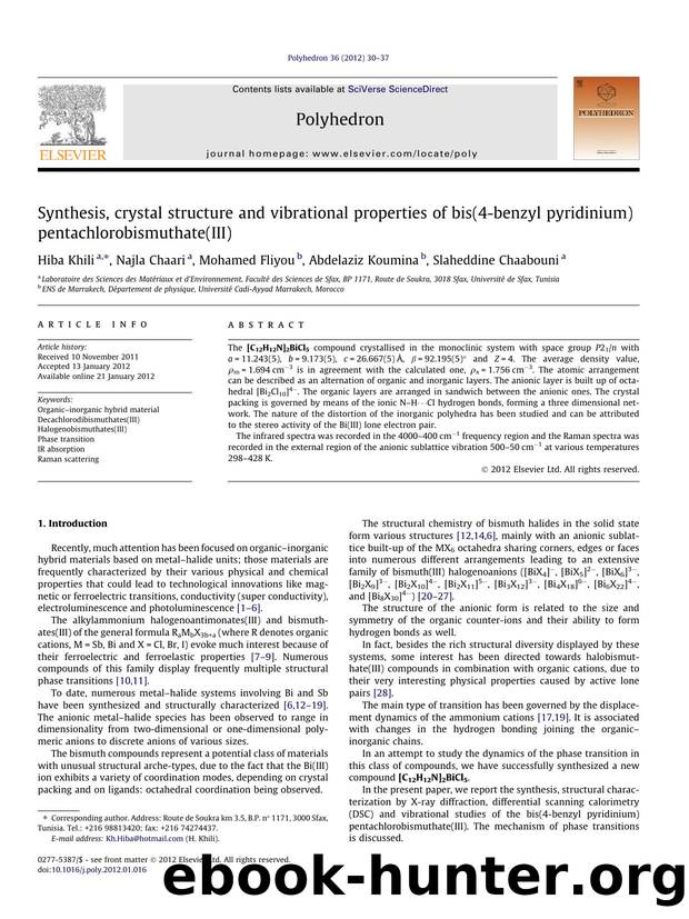 Synthesis, crystal structure and vibrational properties of bis(4-benzyl pyridinium) pentachlorobismuthate(III) by Hiba Khili & Najla Chaari & Mohamed Fliyou & Abdelaziz Koumina & Slaheddine Chaabouni