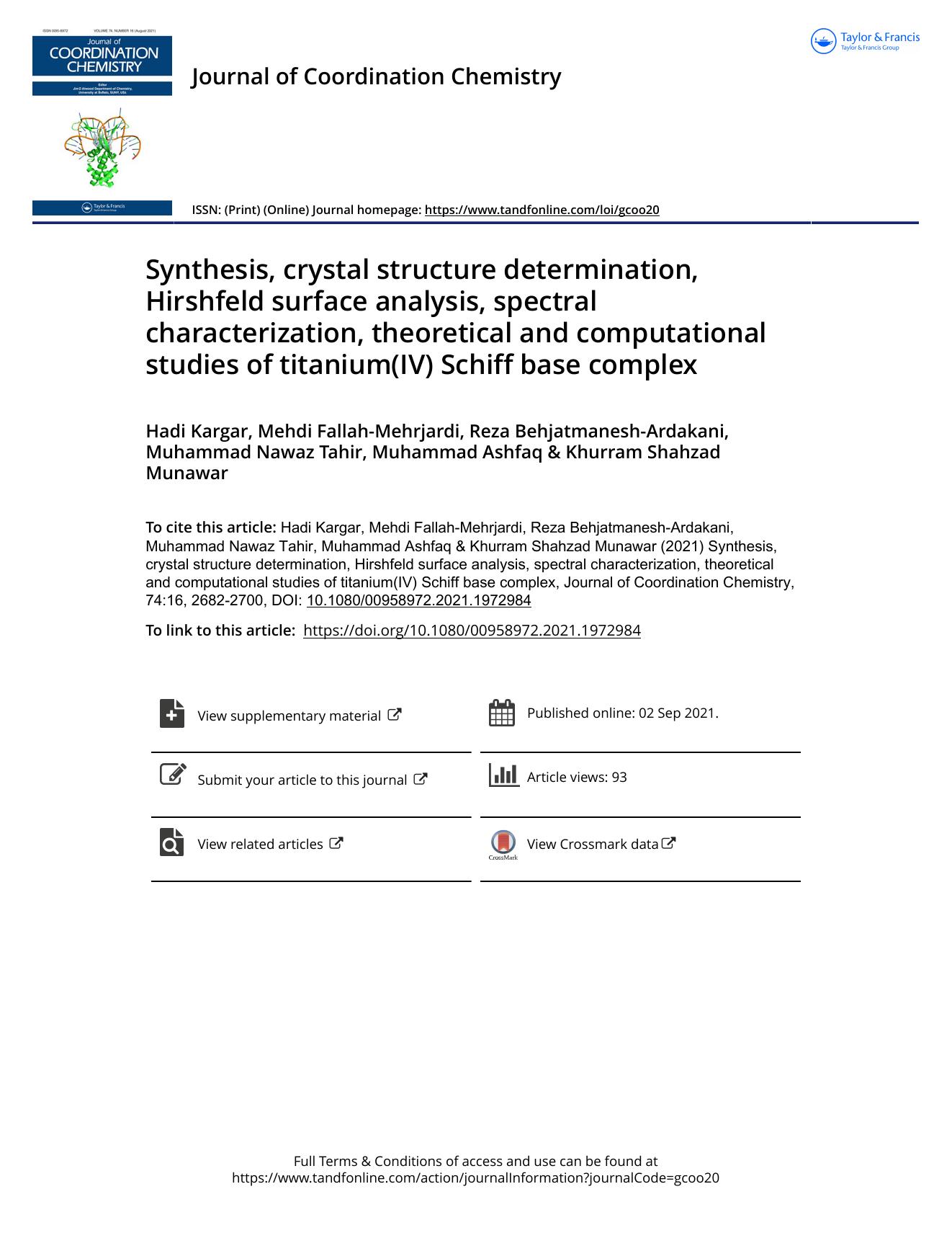 Synthesis, crystal structure determination, Hirshfeld surface analysis, spectral characterization, theoretical and computational studies of titanium(IV) Schiff base complex by unknow