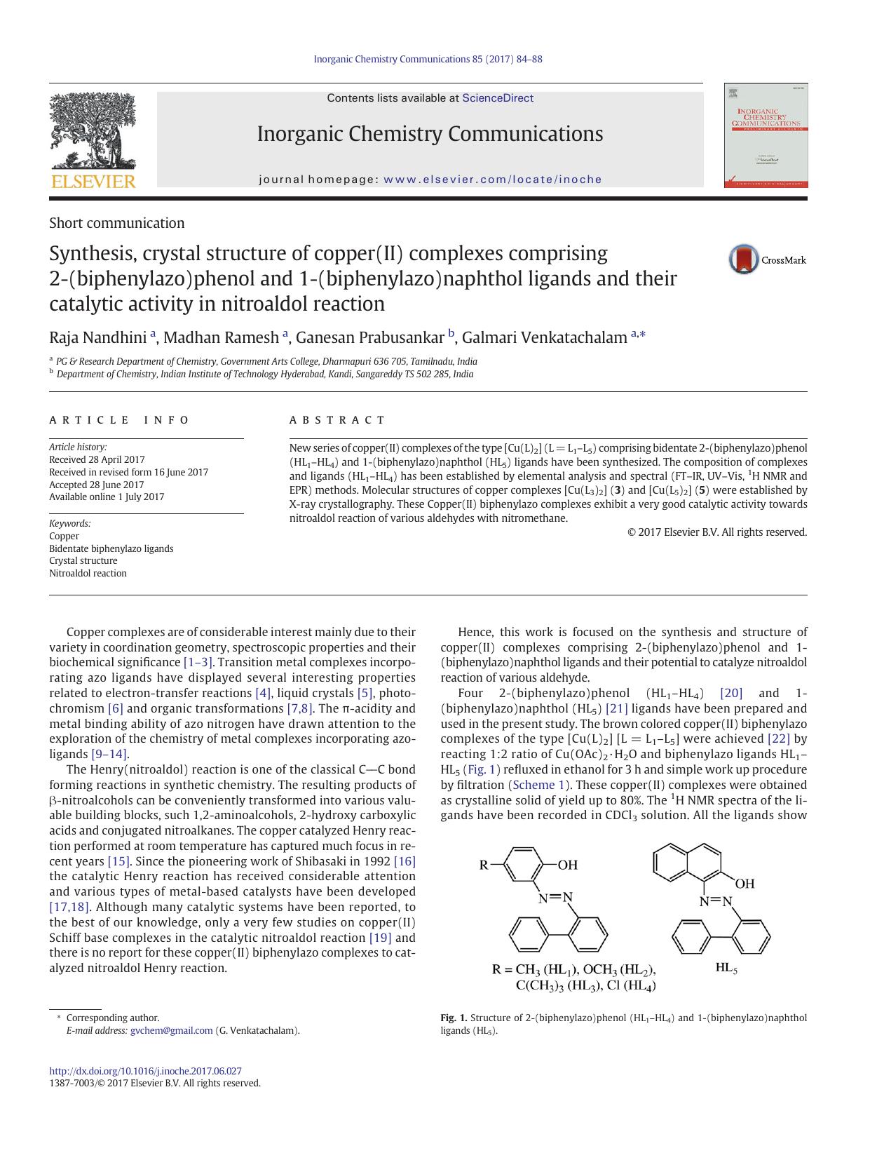 Synthesis, crystal structure of copper(II) complexes comprising 2-(biphenylazo)phenol and 1-(biphenylazo)naphthol ligands and their catalytic activity in nitroaldol reaction by Raja Nandhini & Madhan Ramesh & Ganesan Prabusankar & Galmari Venkatachalam