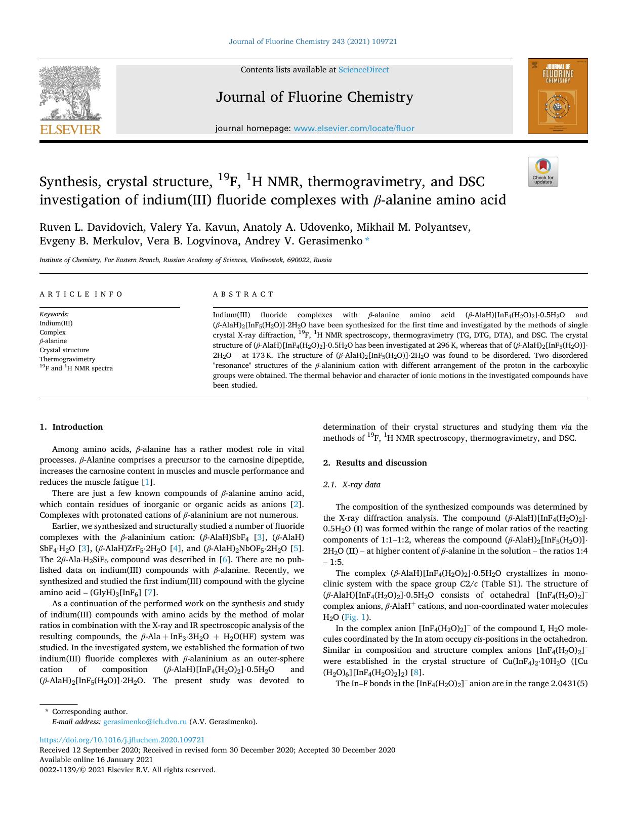 Synthesis, crystal structure, 19F, 1H NMR, thermogravimetry, and DSC investigation of indium(III) fluoride complexes with Î² -alanine amino acid by unknow