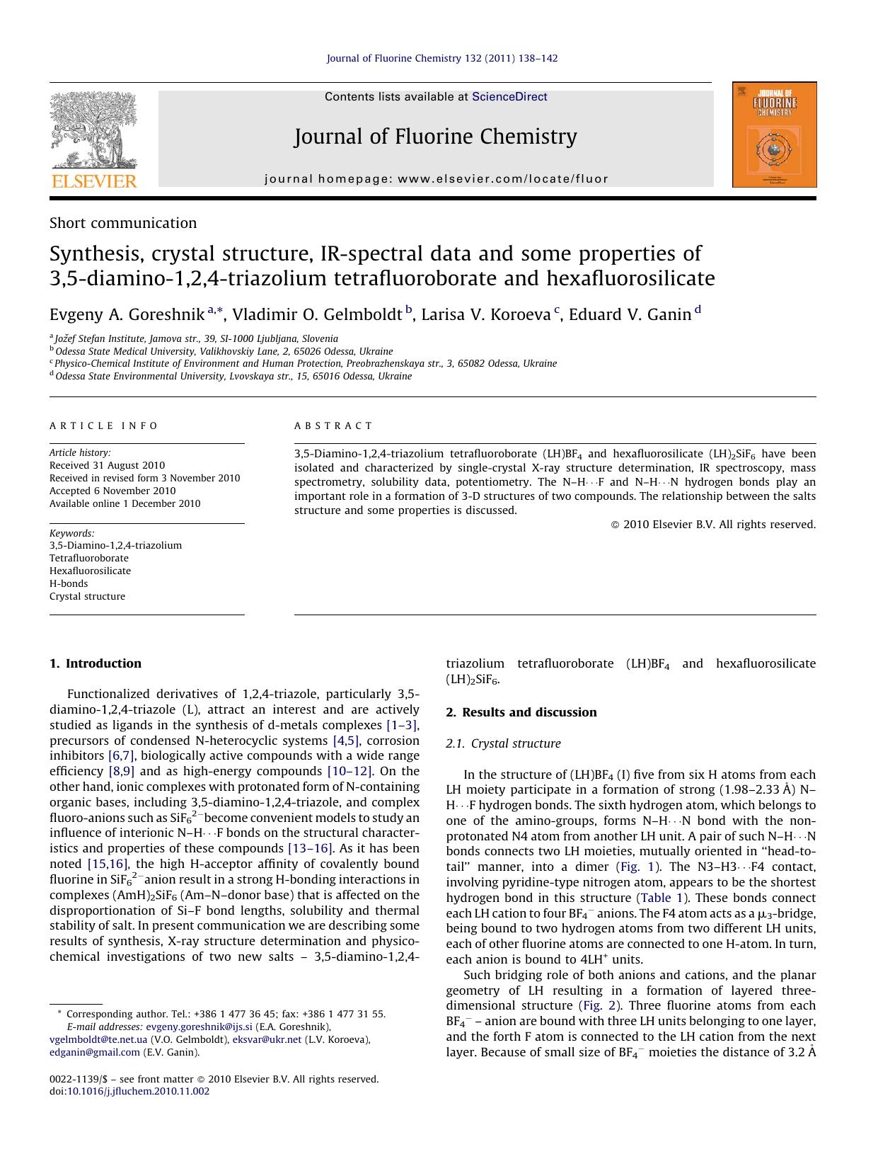 Synthesis, crystal structure, IR-spectral data and some properties of 3,5-diamino-1,2,4-triazolium tetrafluoroborate and hexafluorosilicate by Evgeny A. Goreshnik