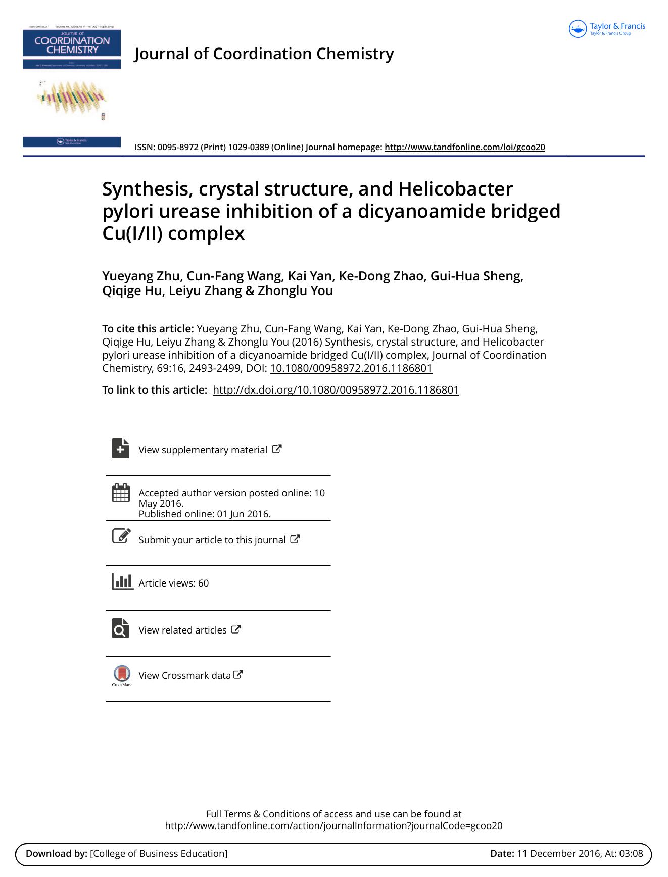 Synthesis, crystal structure, and Helicobacter pylori urease inhibition of a dicyanoamide bridged Cu(III) complex by unknow