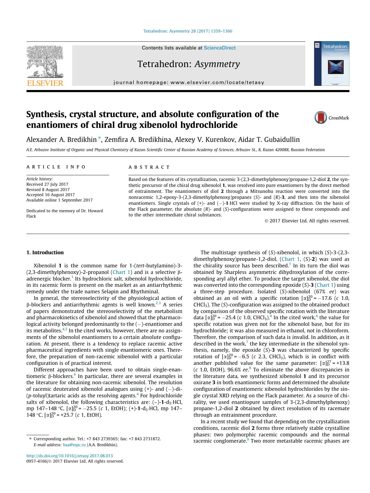 Synthesis, crystal structure, and absolute configuration of the enantiomers of chiral drug xibenolol hydrochloride by Alexander A. Bredikhin & Zemfira A. Bredikhina & Alexey V. Kurenkov & Aidar T. Gubaidullin