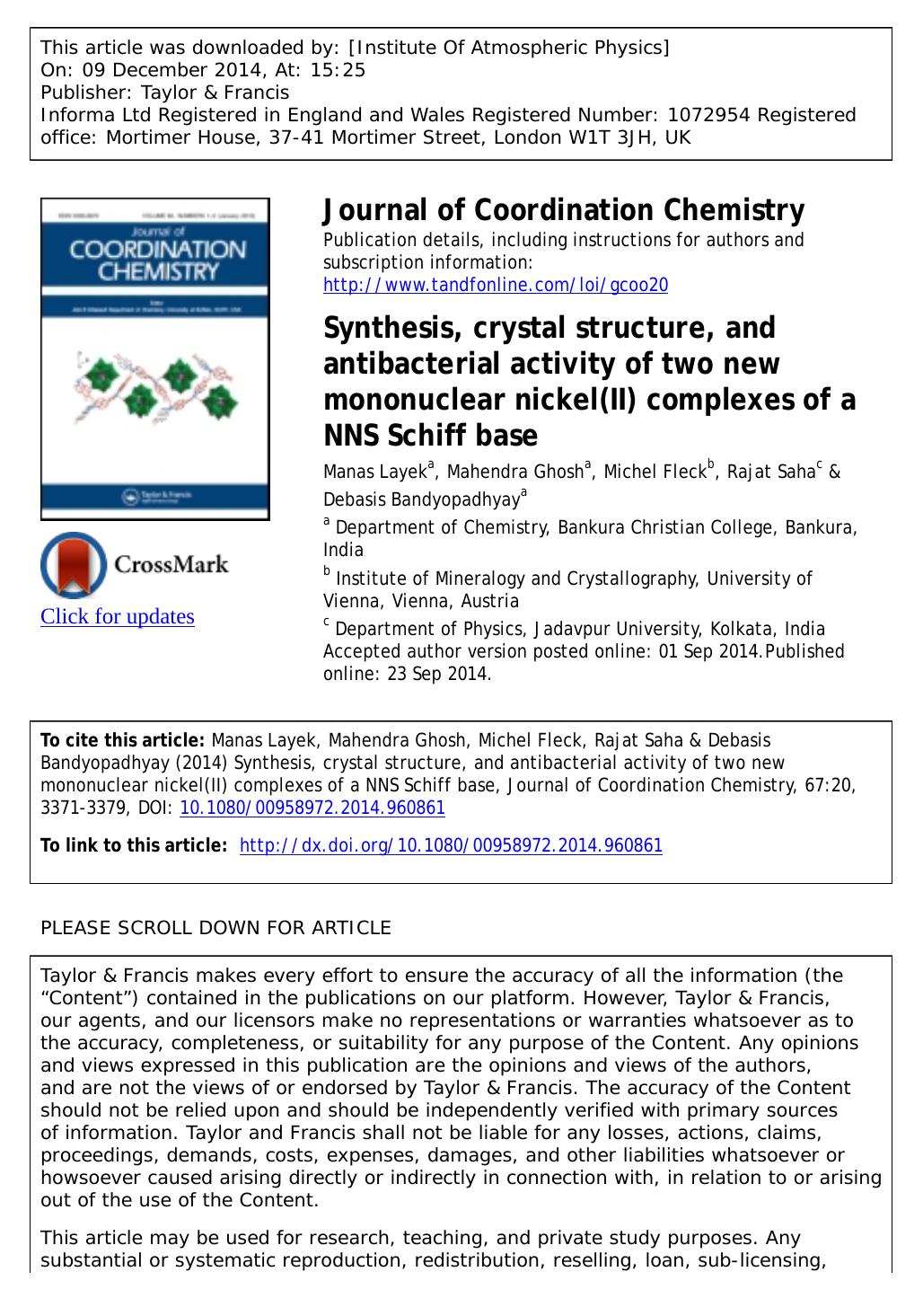 Synthesis, crystal structure, and antibacterial activity of two new mononuclear nickel(II) complexes of a NNS Schiff base by Manas Layek