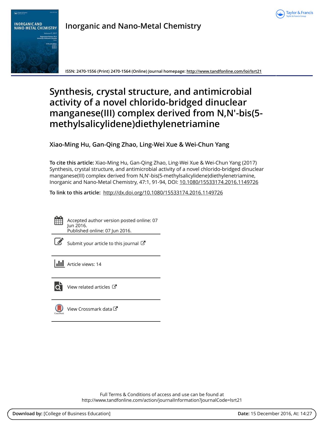 Synthesis, crystal structure, and antimicrobial activity of a novel chlorido-bridged dinuclear manganese(III) complex derived from N,N&prime;-bis(5-methylsalicylidene)diethylenetriamine by Xiao-Ming Hu Gan-Qing Zhao Ling-Wei Xue Wei-Chun Yang
