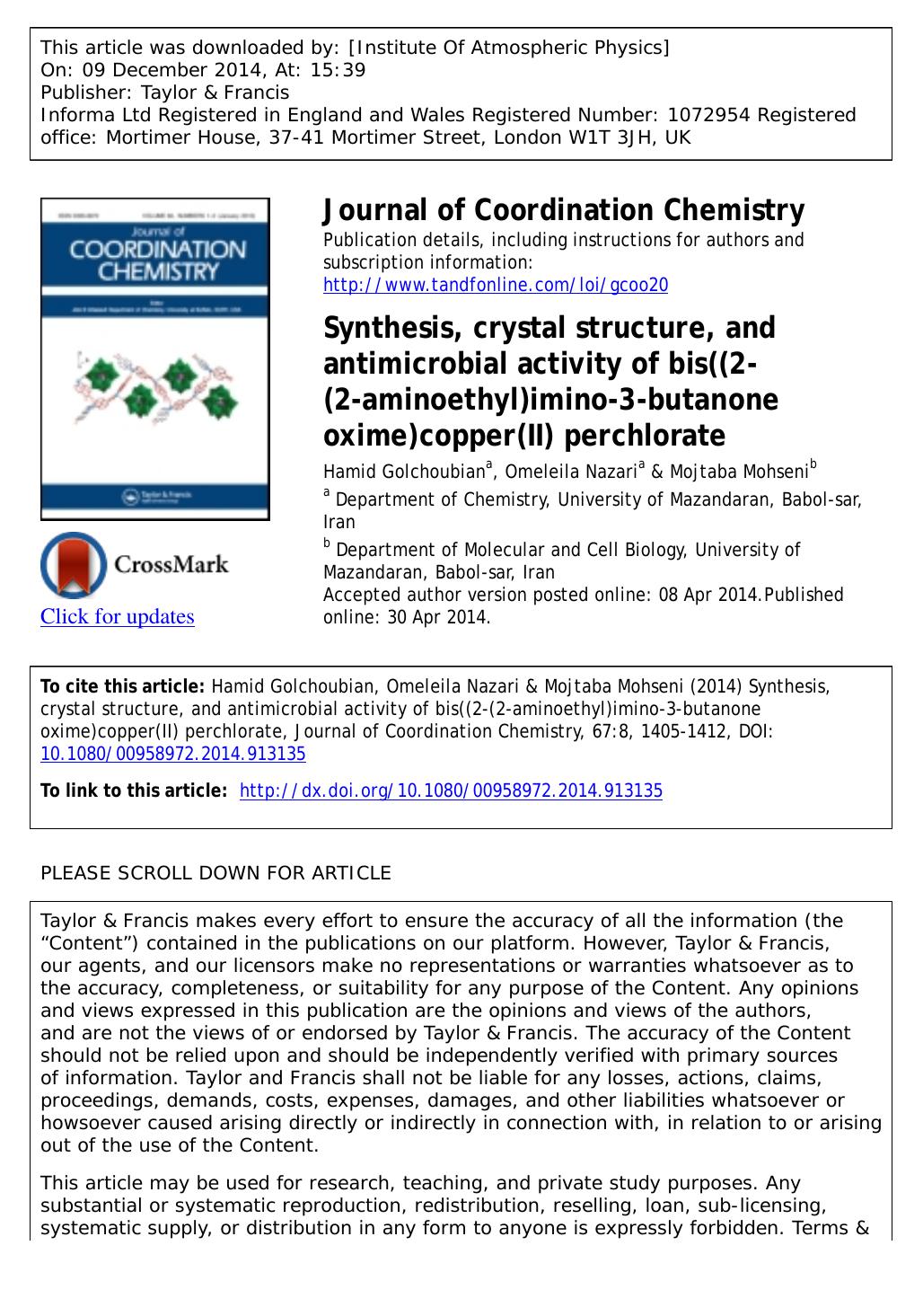 Synthesis, crystal structure, and antimicrobial activity of bis((2-(2-aminoethyl)imino-3-butanone oxime)copper(II) perchlorate by Hamid Golchoubian