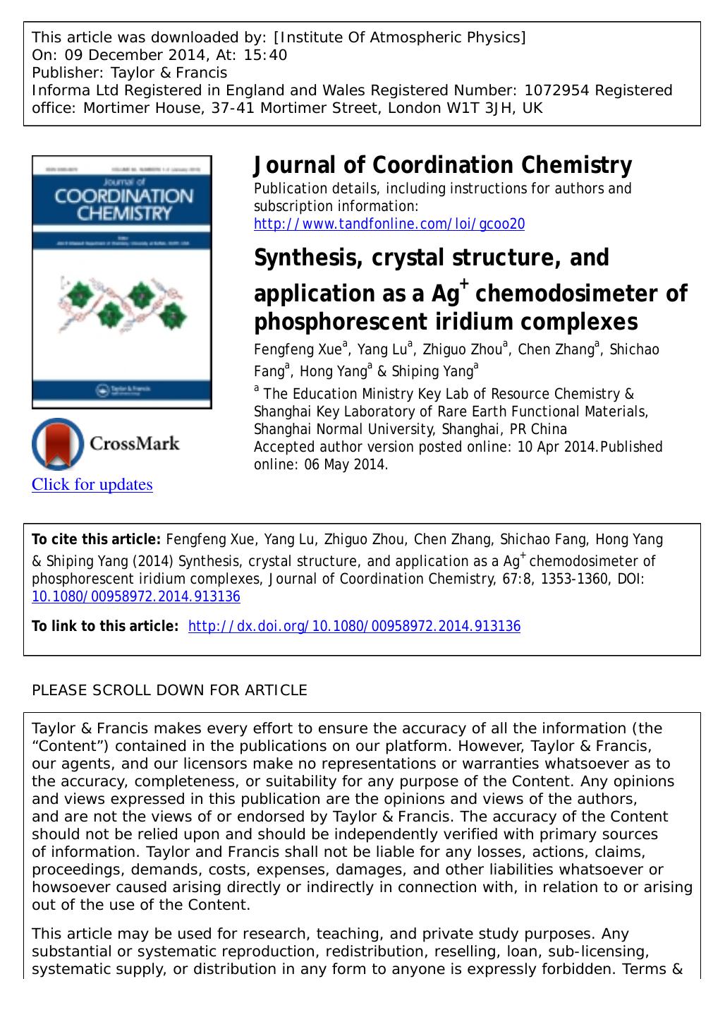 Synthesis, crystal structure, and application as a Ag+ chemodosimeter of phosphorescent iridium complexes by Fengfeng Xue