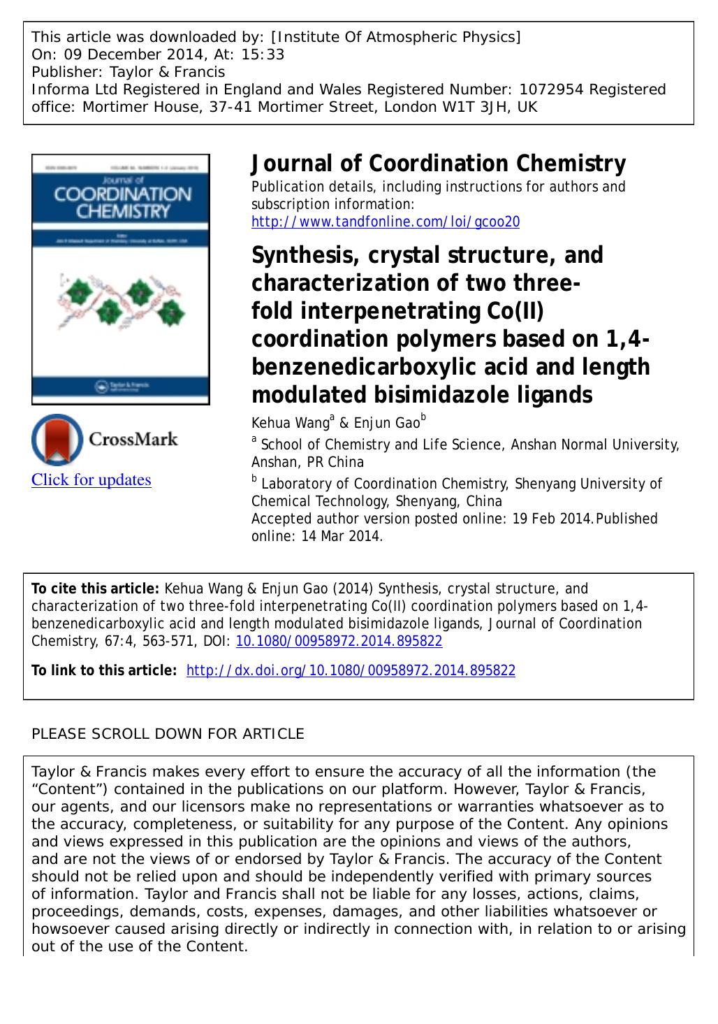 Synthesis, crystal structure, and characterization of two three-fold interpenetrating Co(II) coordination polymers based on 1,4-benzenedicarboxylic acid and length modulated bisimidazole ligands by Kehua Wang