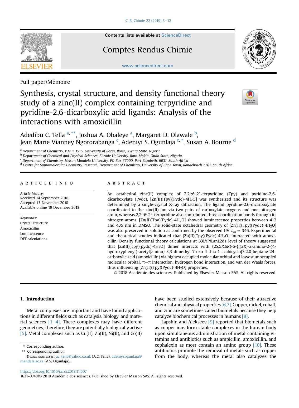 Synthesis, crystal structure, and density functional theory study of a zinc(II) complex containing terpyridine and pyridine-2,6-dicarboxylic acid ligands: Analysis of the interactions with amoxicillin by unknow
