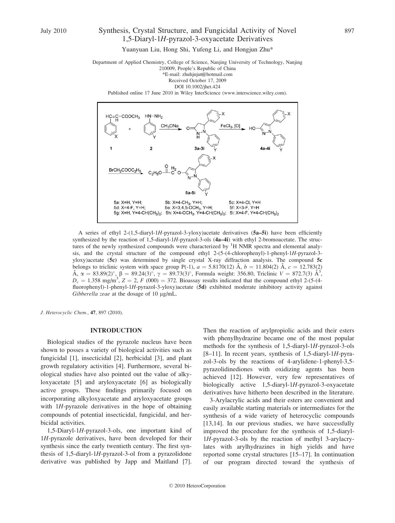 Synthesis, crystal structure, and fungicidal activity of novel 1,5diaryl1Hpyrazol3oxyacetate derivatives by Unknown