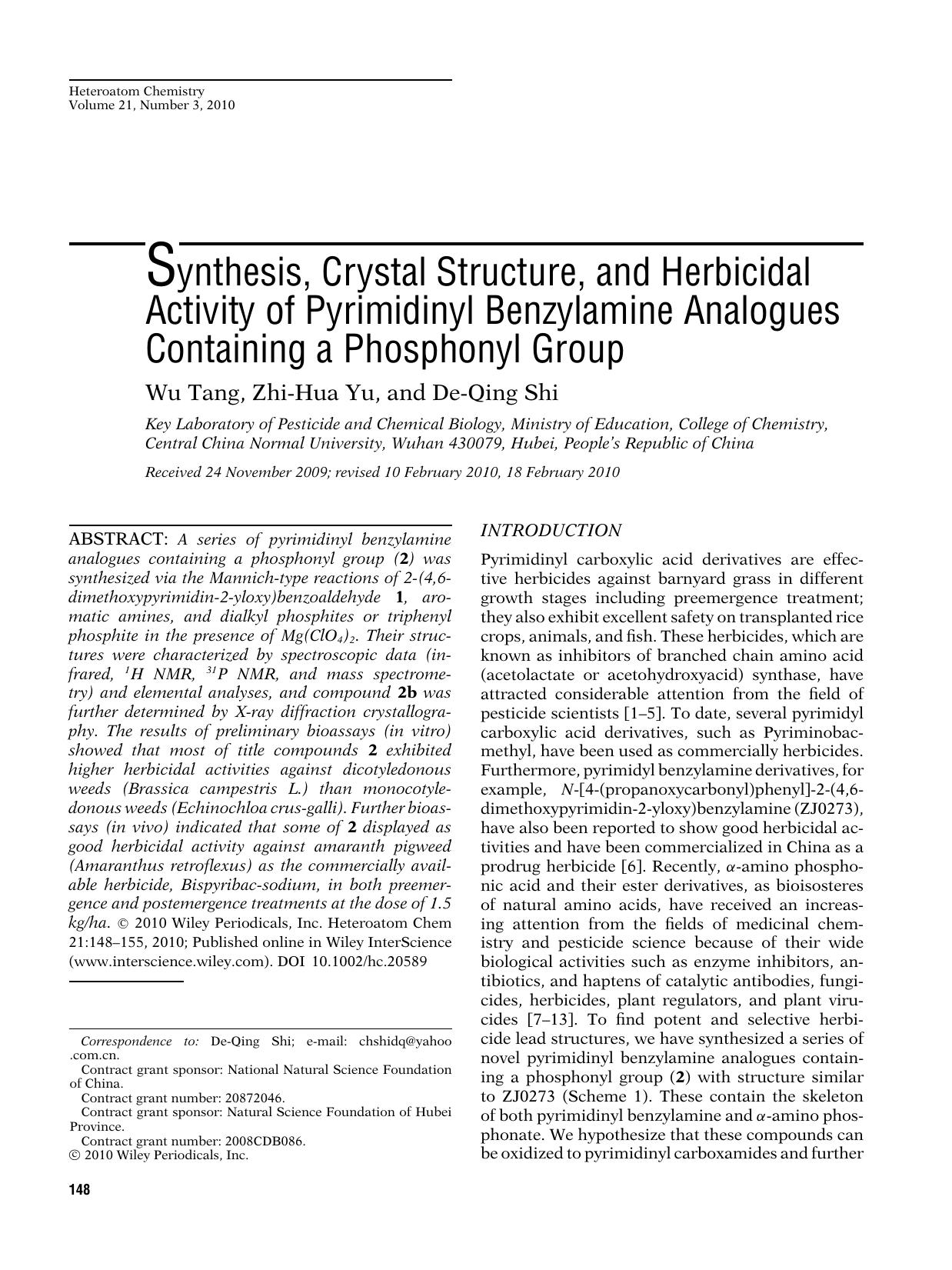 Synthesis, crystal structure, and herbicidal activity of pyrimidinyl benzylamine analogues containing a phosphonyl group by Ambika p PrasadTECHBOOKS