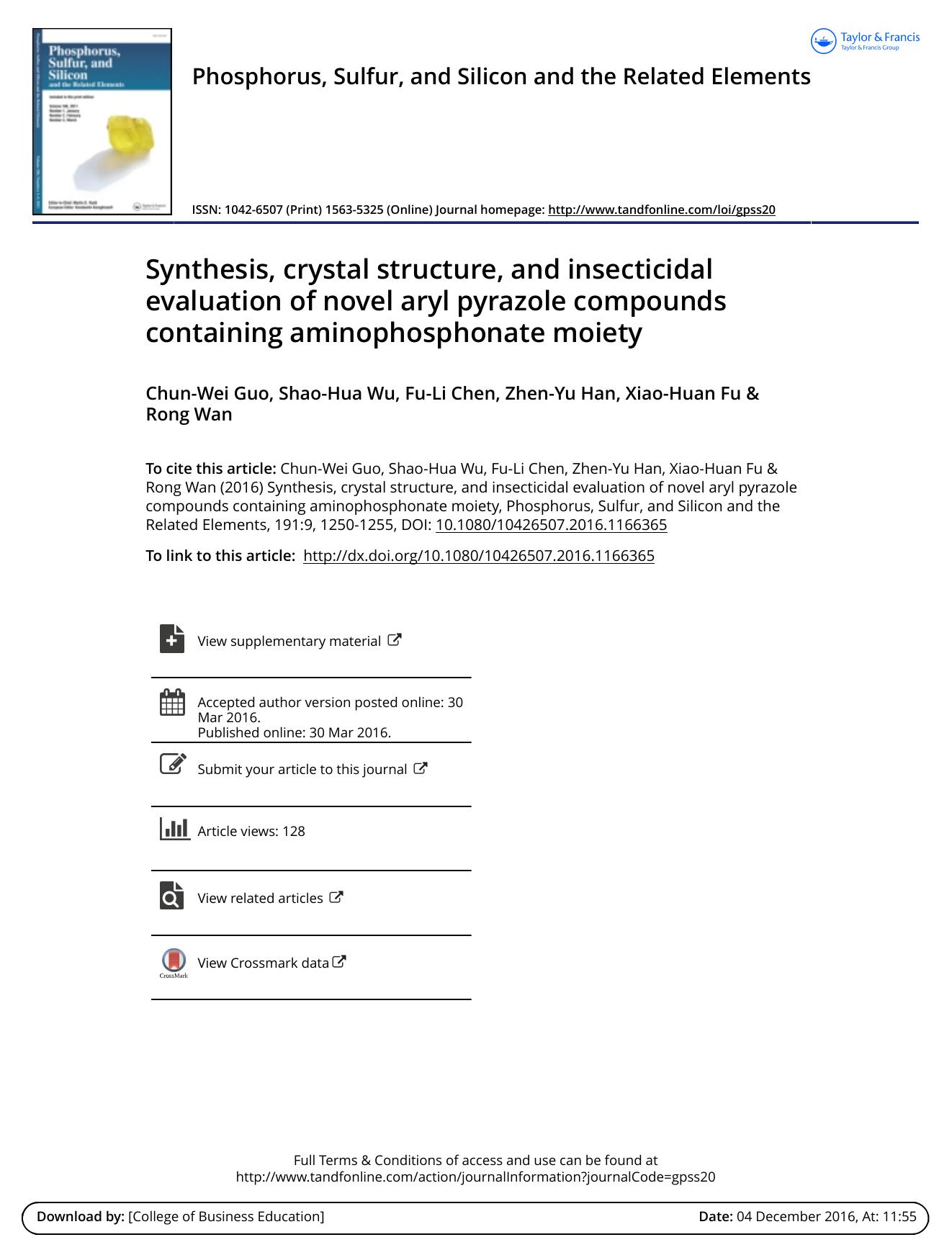 Synthesis, crystal structure, and insecticidal evaluation of novel aryl pyrazole compounds containing aminophosphonate moiety by Chun-Wei Guo & Shao-Hua Wu & Fu-Li Chen & Zhen-Yu Han & Xiao-Huan Fu & Rong Wan