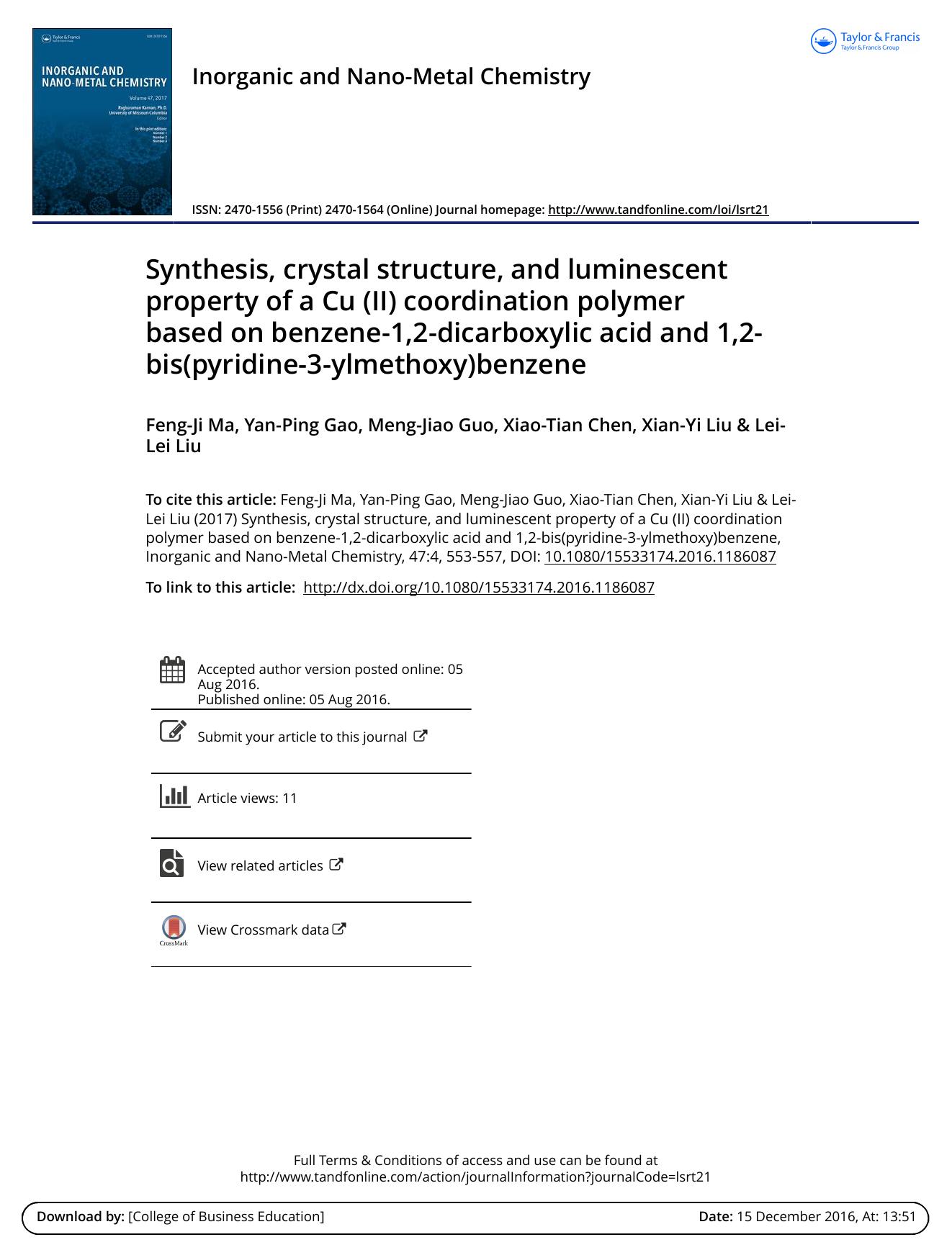 Synthesis, crystal structure, and luminescent property of a Cu \(II\) coordination polymer based on benzene-1,2-dicarboxylic acid and 1,2-bis\(pyridine-3-ylmethoxy\)benzene by Feng-Ji Ma & Yan-Ping Gao & Meng-Jiao Guo & Xiao-Tian Chen & Xian-Yi Liu & Lei-Lei Liu