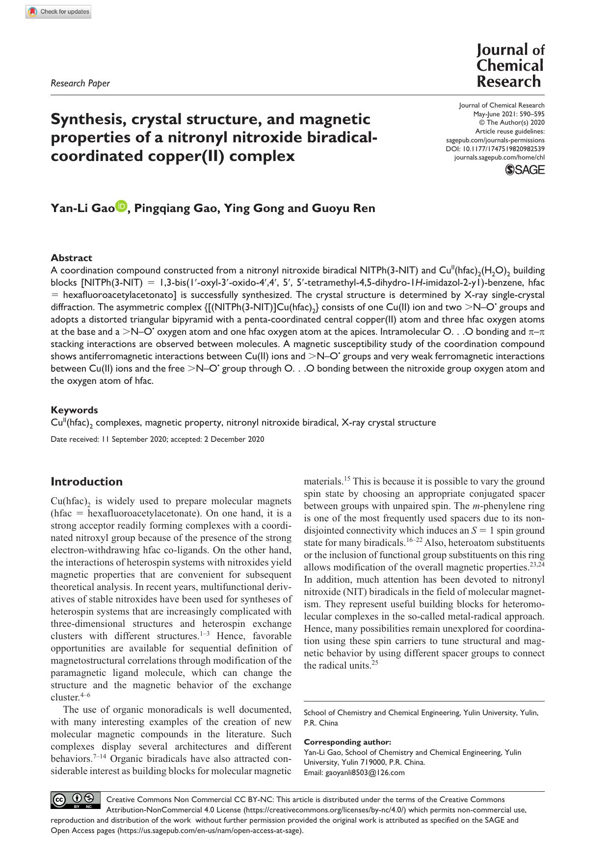 Synthesis, crystal structure, and magnetic properties of a nitronyl nitroxide biradical-coordinated copper(II) complex by Yan-Li Gao Pingqiang Gao Ying Gong & Guoyu Ren