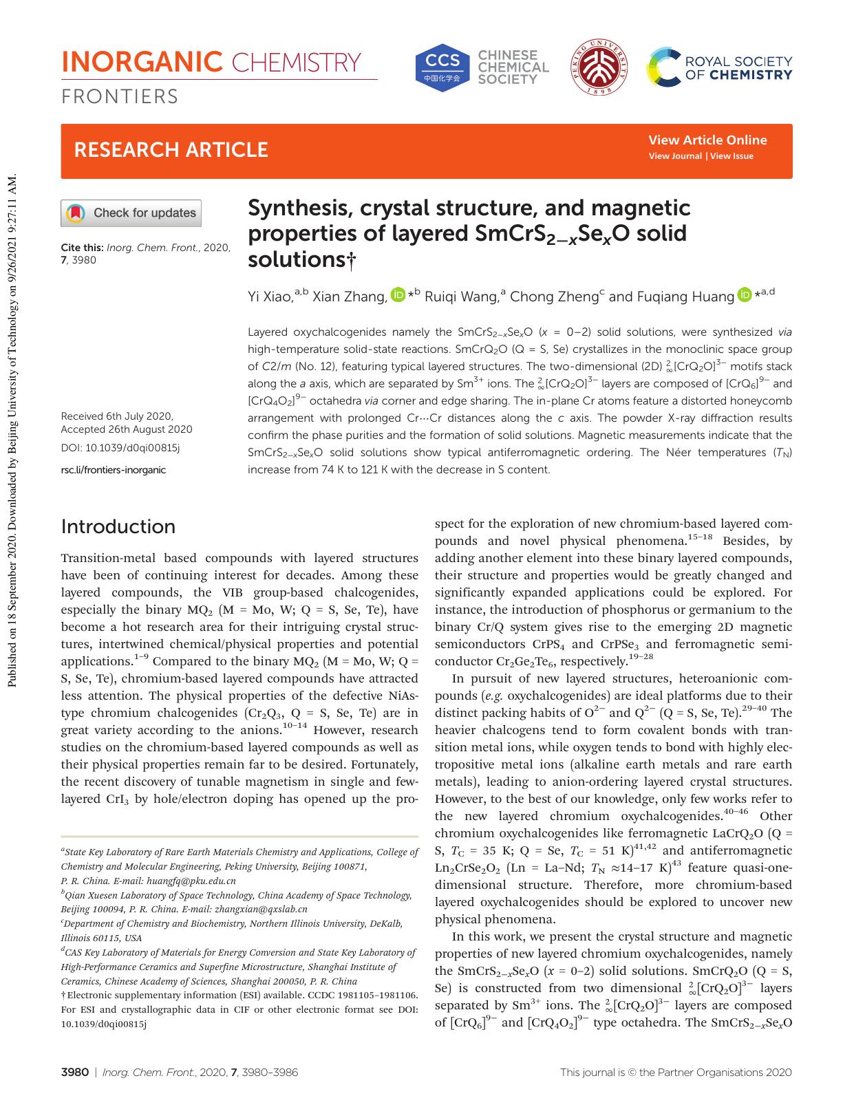 Synthesis, crystal structure, and magnetic properties of layered SmCrS2âxSexO solid solutions by Yi Xiao Xian Zhang Ruiqi Wang Chong Zheng Fuqiang Huang
