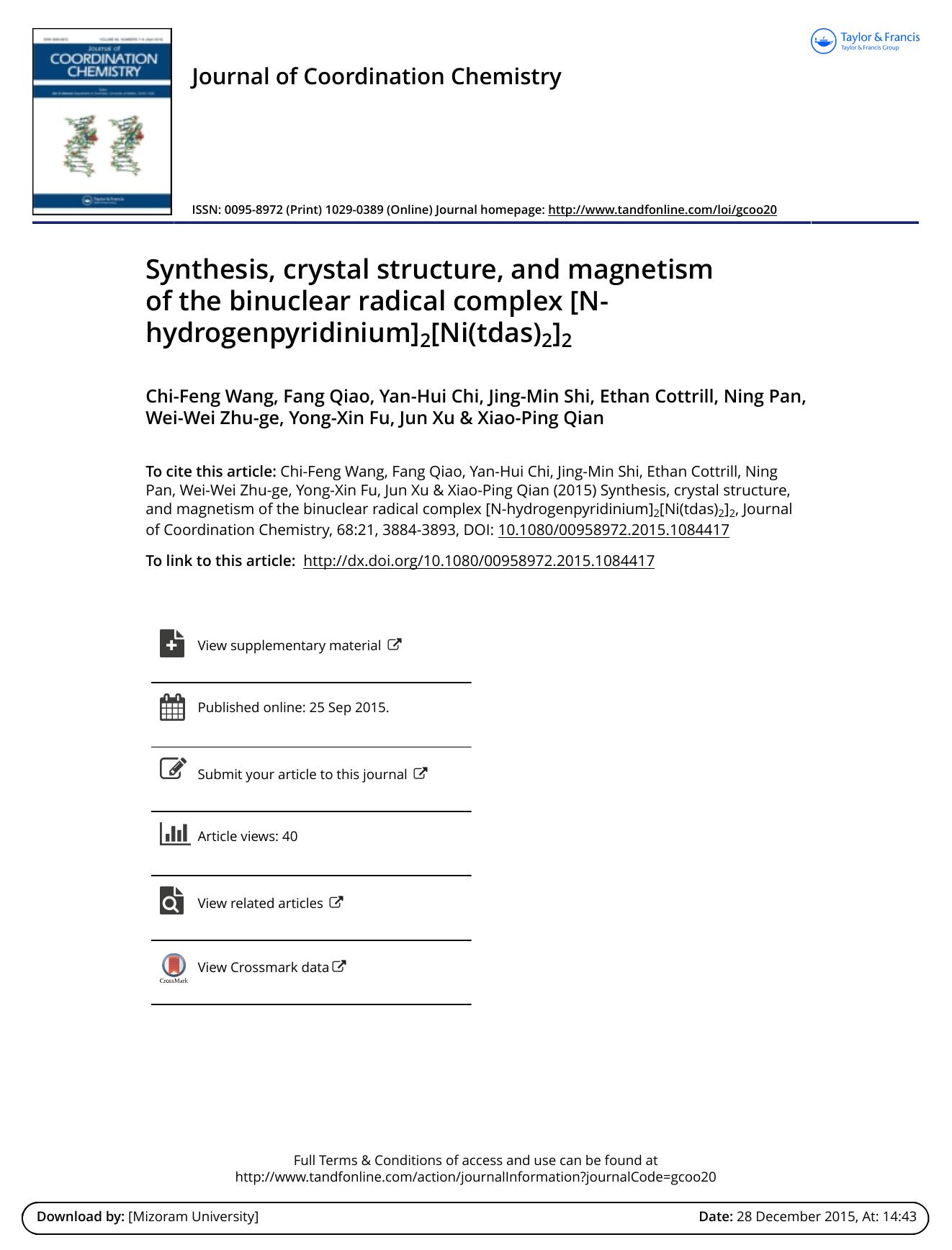 Synthesis, crystal structure, and magnetism of the binuclear radical complex [N-hydrogenpyridinium]2[Ni(tdas)2]2 by Chi-Feng Wang