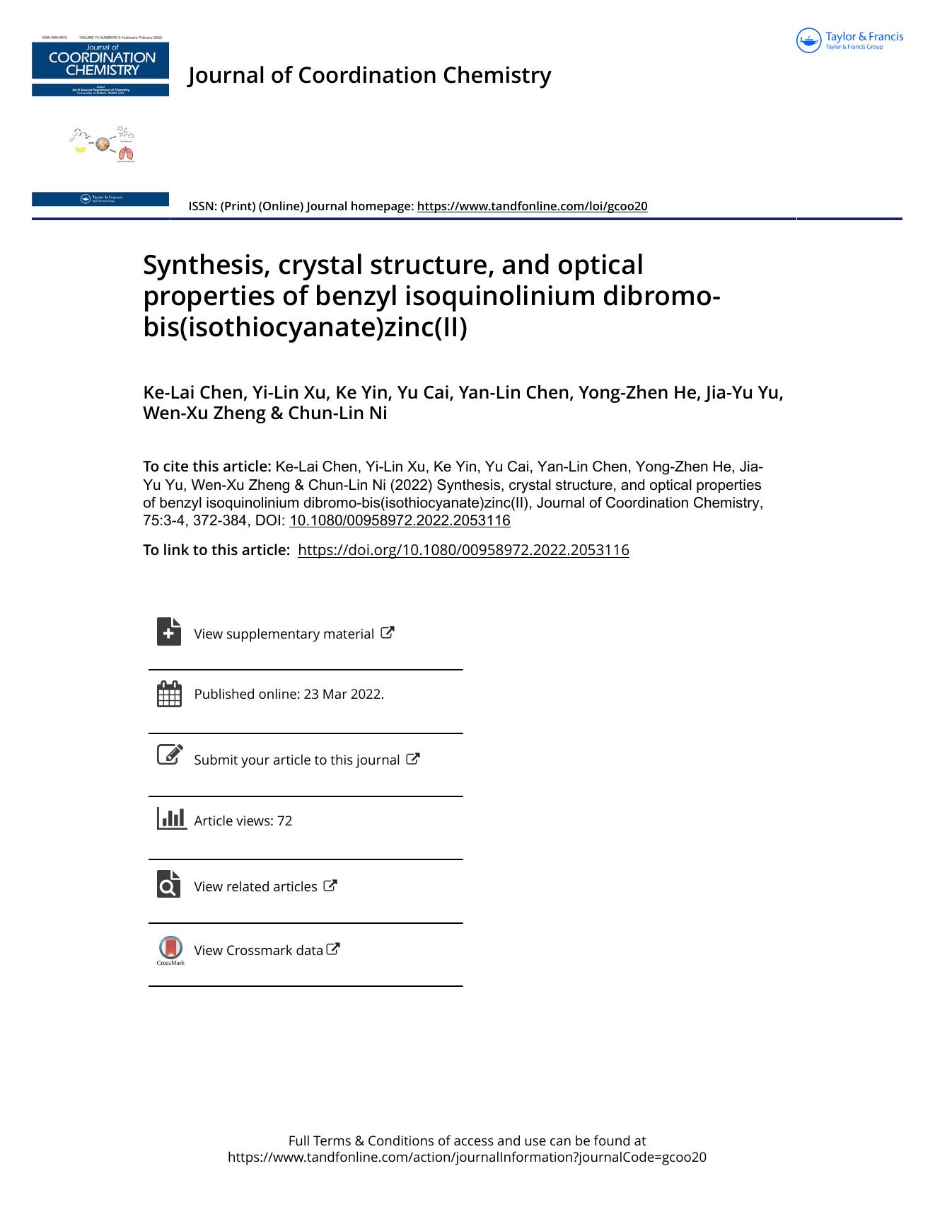 Synthesis, crystal structure, and optical properties of benzyl isoquinolinium dibromo-bis(isothiocyanate)zinc(II) by unknow
