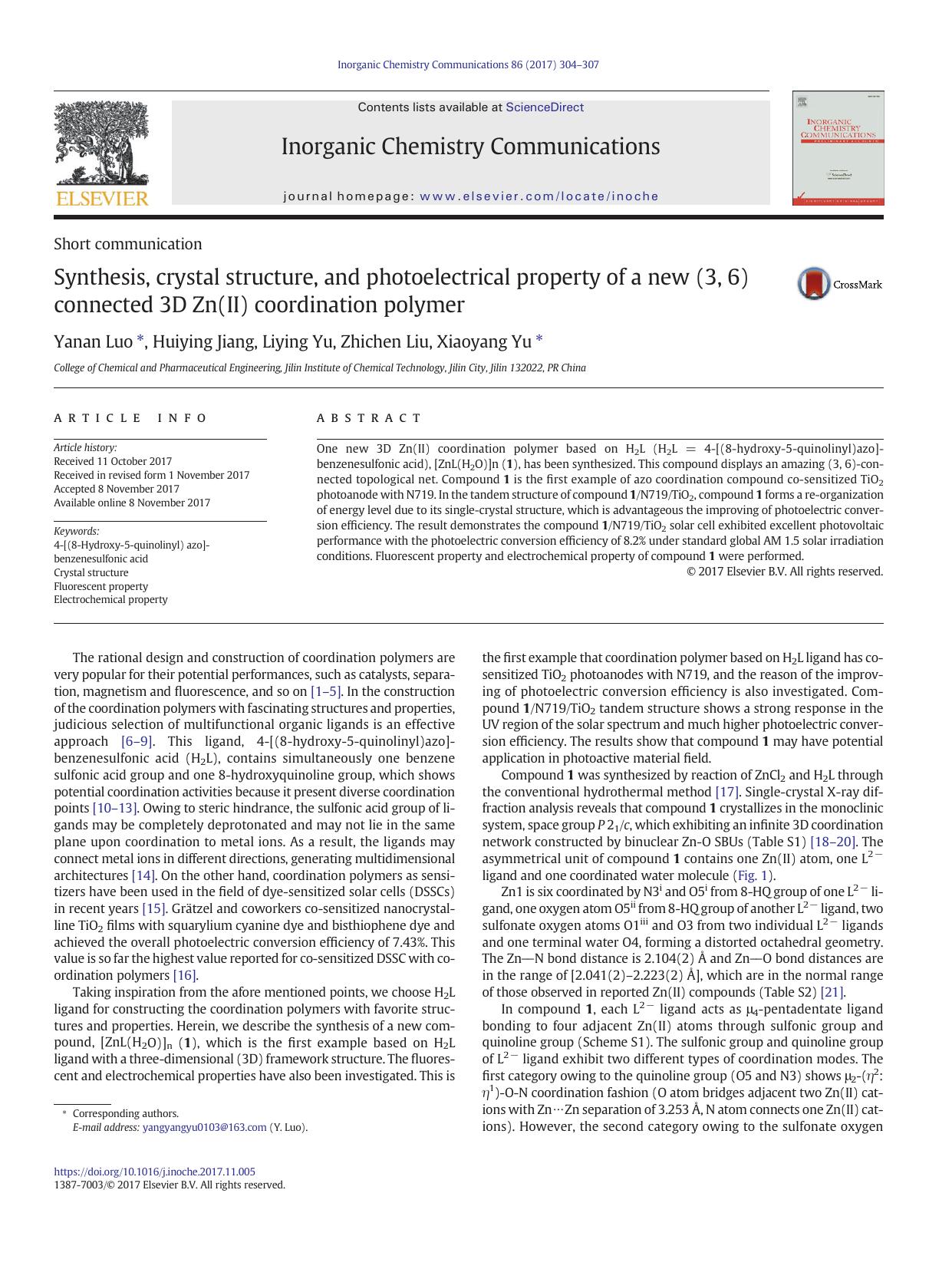 Synthesis, crystal structure, and photoelectrical property of a new (3, 6) connected 3D Zn(II) coordination polymer by Yanan Luo & Huiying Jiang & Liying Yu & Zhichen Liu & Xiaoyang Yu