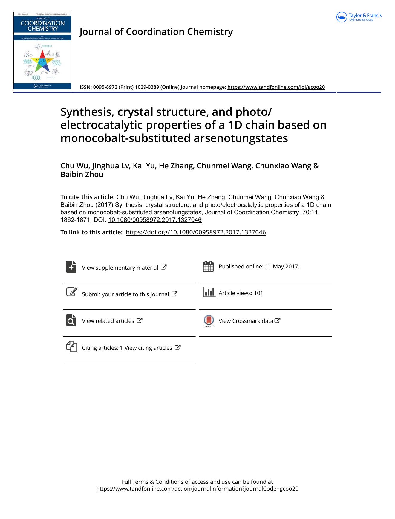 Synthesis, crystal structure, and photoelectrocatalytic properties of a 1D chain based on monocobalt-substituted arsenotungstates by Chu Wu & Jinghua Lv & Kai Yu & He Zhang & Chunmei Wang & Chunxiao Wang & Baibin Zhou
