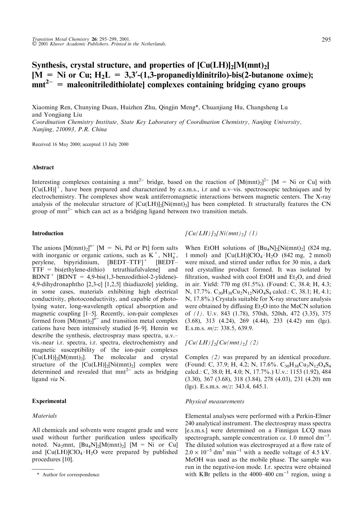 Synthesis, crystal structure, and properties of [Cu(LH)]2[M(mnt)2] [M = Ni or Cu; H2L = 3,3′-(1,3-propanediyldinitrilo)-bis(2-butanone oxime); mnt2− = maleonitriledit by Unknown