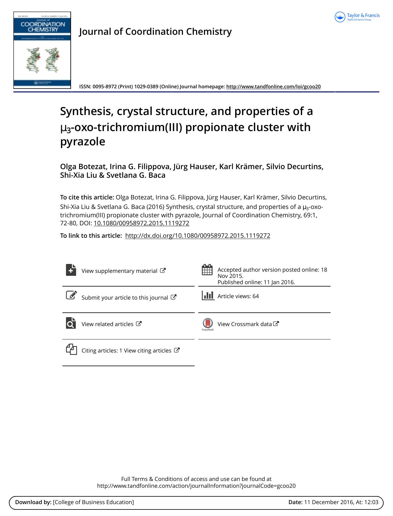 Synthesis, crystal structure, and properties of a Î¼3-oxo-trichromium(III) propionate cluster with pyrazole by unknow