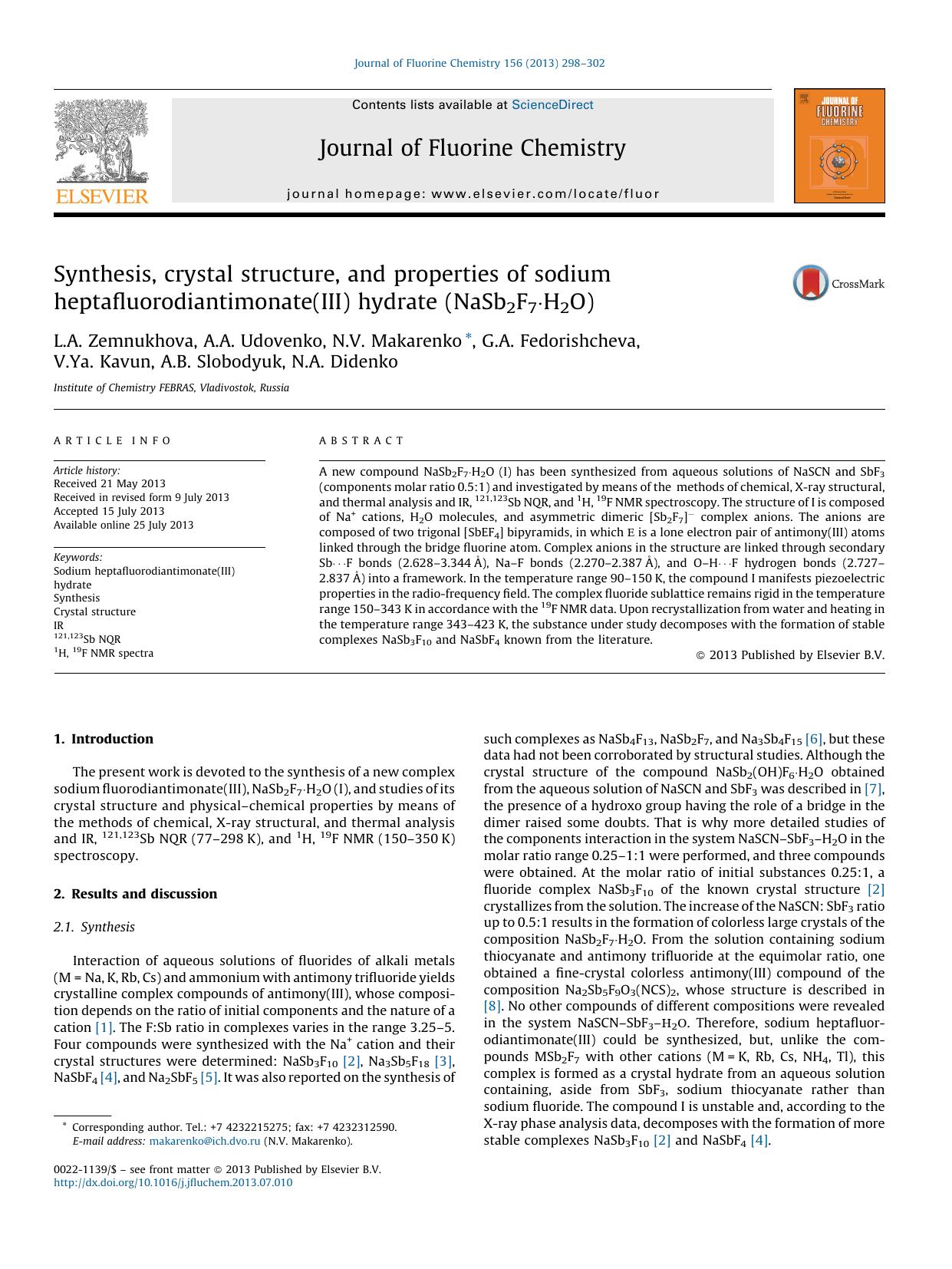 Synthesis, crystal structure, and properties of sodium heptafluorodiantimonate(III) hydrate (NaSb2F7Â·H2O) by unknow