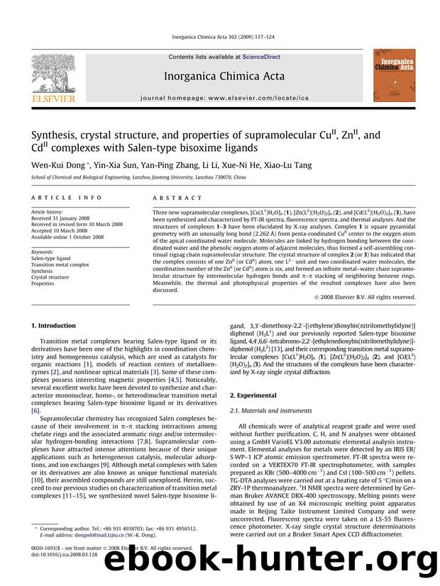 Synthesis, crystal structure, and properties of supramolecular CuII, ZnII, and CdII complexes with Salen-type bisoxime ligands by Wen-Kui Dong; Yin-Xia Sun; Yan-Ping Zhang; Li Li; Xue-Ni He; Xiao-Lu Tang
