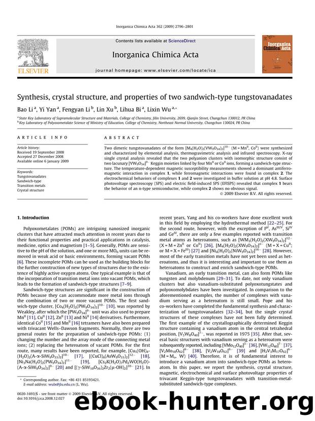 Synthesis, crystal structure, and properties of two sandwich-type tungstovanadates by Bao Li; Yi Yan; Fengyan Li; Lin Xu; Lihua Bi; Lixin Wu