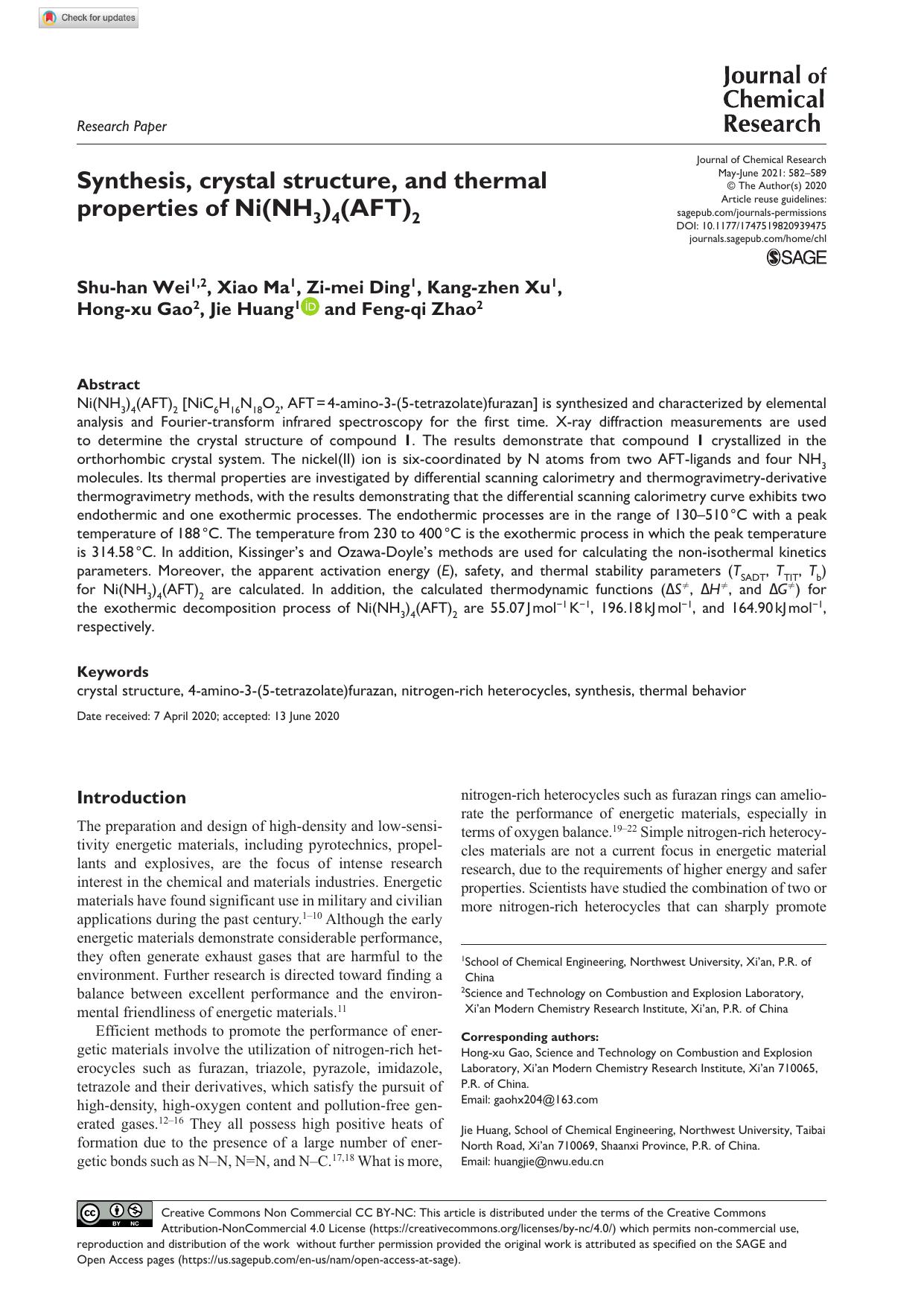 Synthesis, crystal structure, and thermal properties of Ni(NH3)4(AFT)2 by Shu-han Wei Xiao Ma Zi-mei Ding Kang-zhen Xu Hong-xu Gao Jie Huang & Feng-qi Zhao