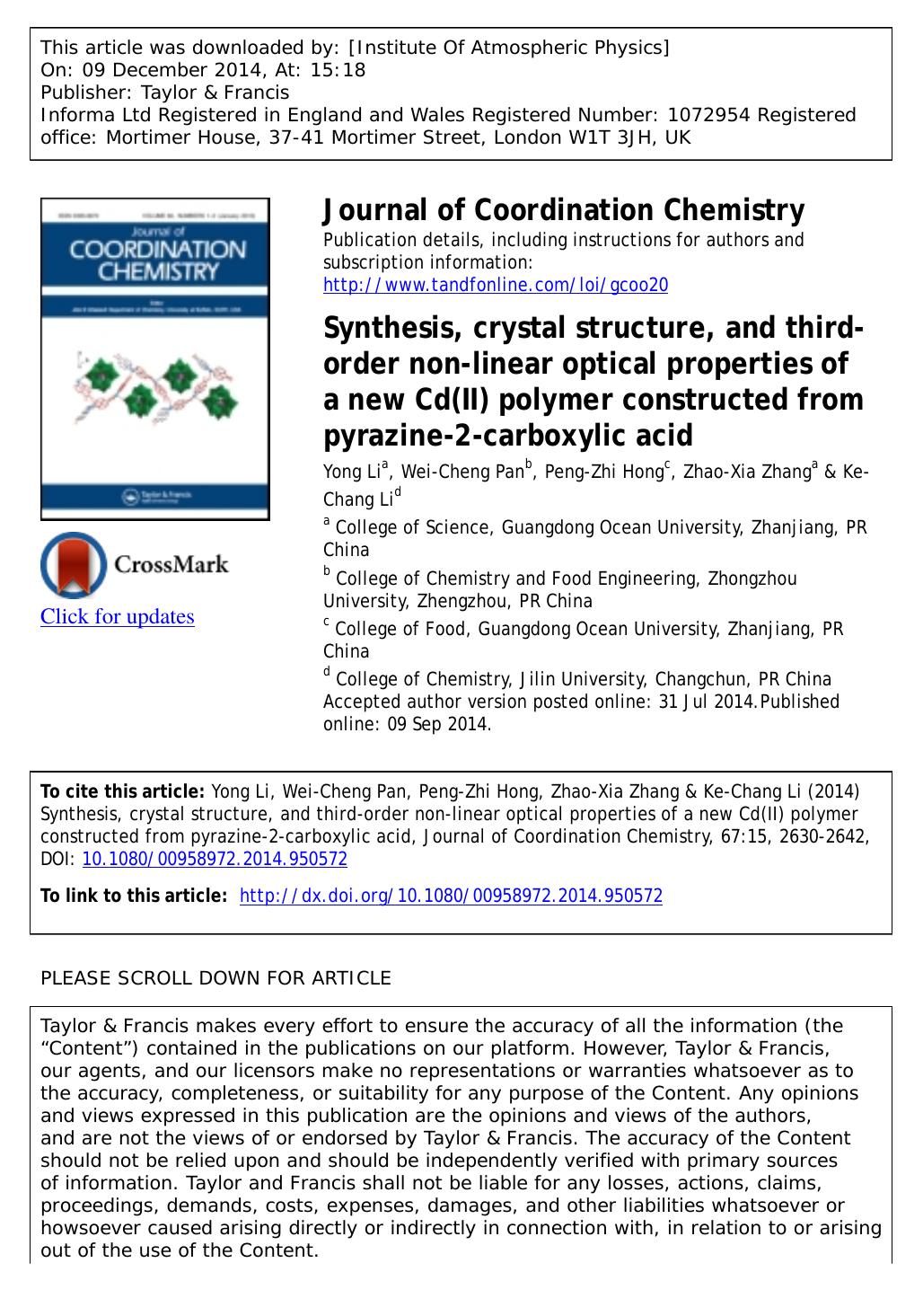 Synthesis, crystal structure, and third-order non-linear optical properties of a new Cd(II) polymer constructed from pyrazine-2-carboxylic acid by Yong Li