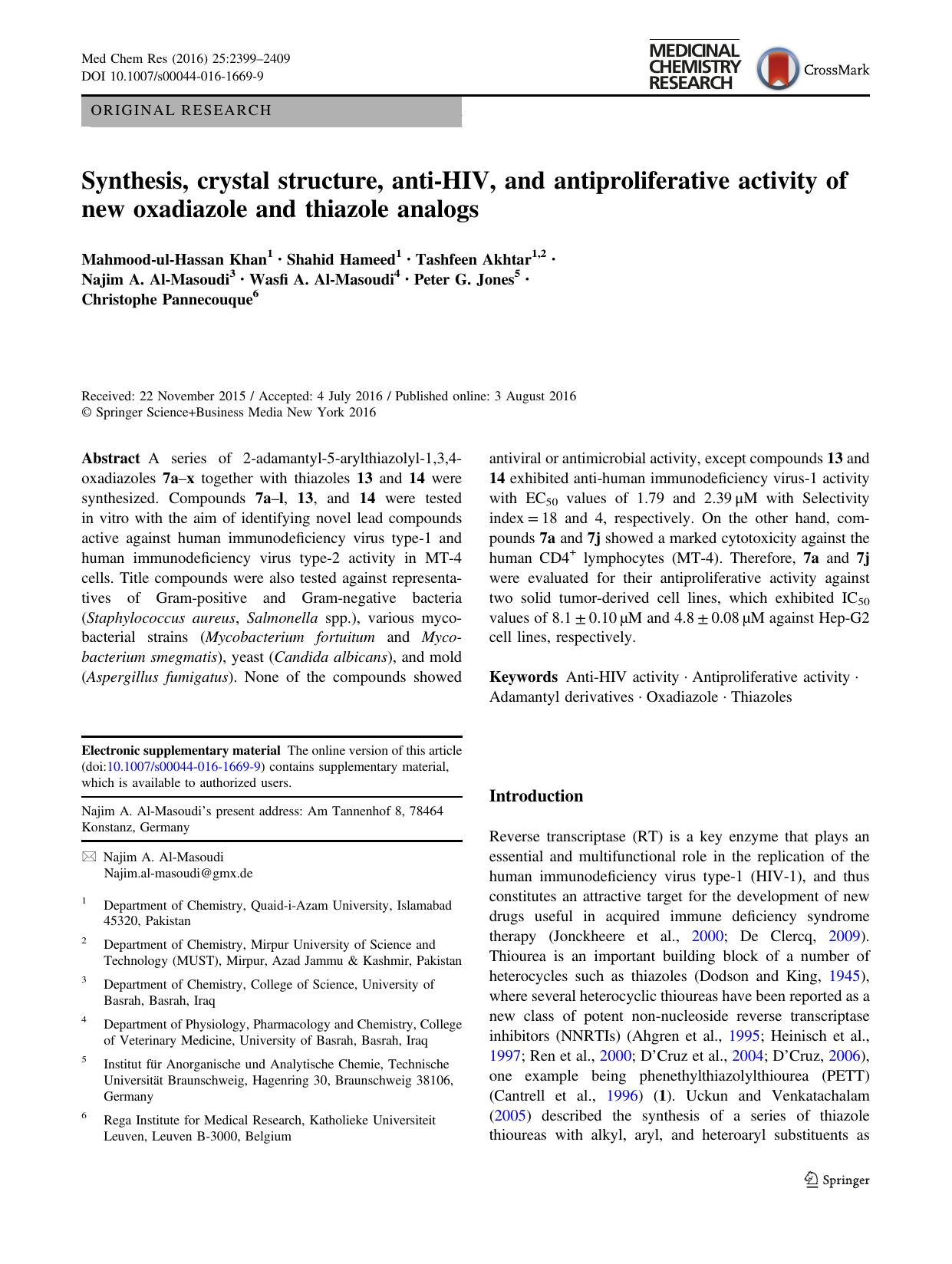 Synthesis, crystal structure, anti-HIV, and antiproliferative activity of new oxadiazole and thiazole analogs by unknow