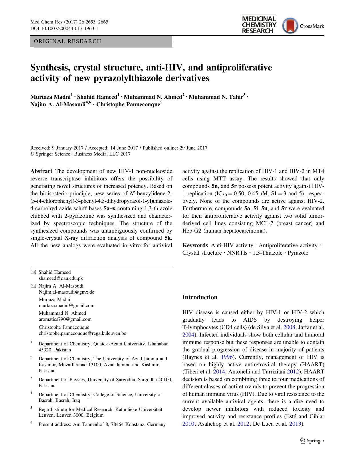 Synthesis, crystal structure, anti-HIV, and antiproliferative activity of new pyrazolylthiazole derivatives by unknow