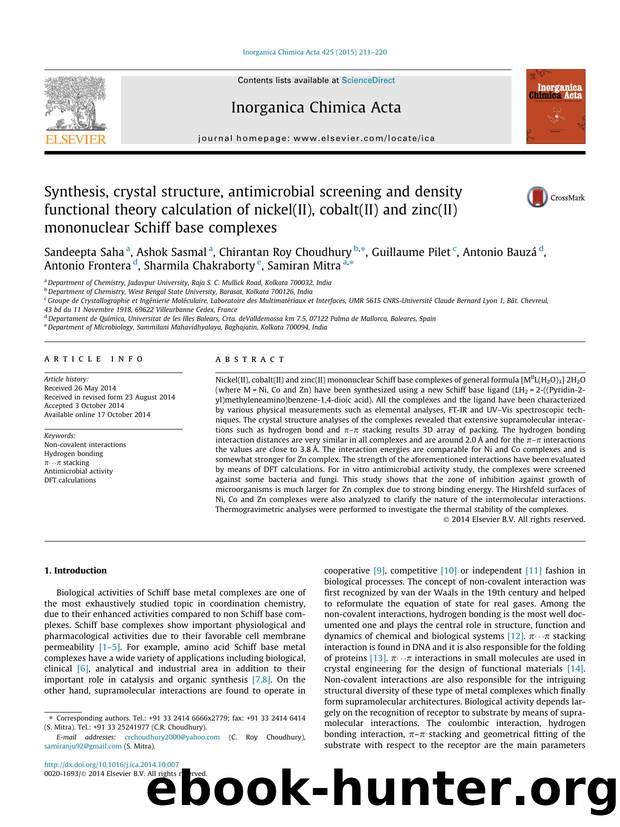 Synthesis, crystal structure, antimicrobial screening and density functional theory calculation of nickel(II), cobalt(II) and zinc(II) mononuclear Schiff base complexes by unknow