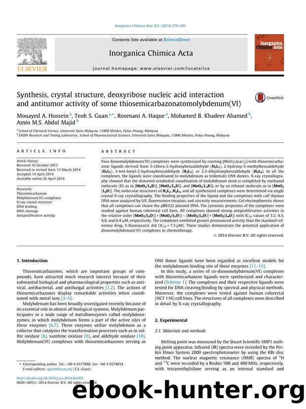 Synthesis, crystal structure, deoxyribose nucleic acid interaction and antitumor activity of some thiosemicarbazonatomolybdenum(VI) by unknow