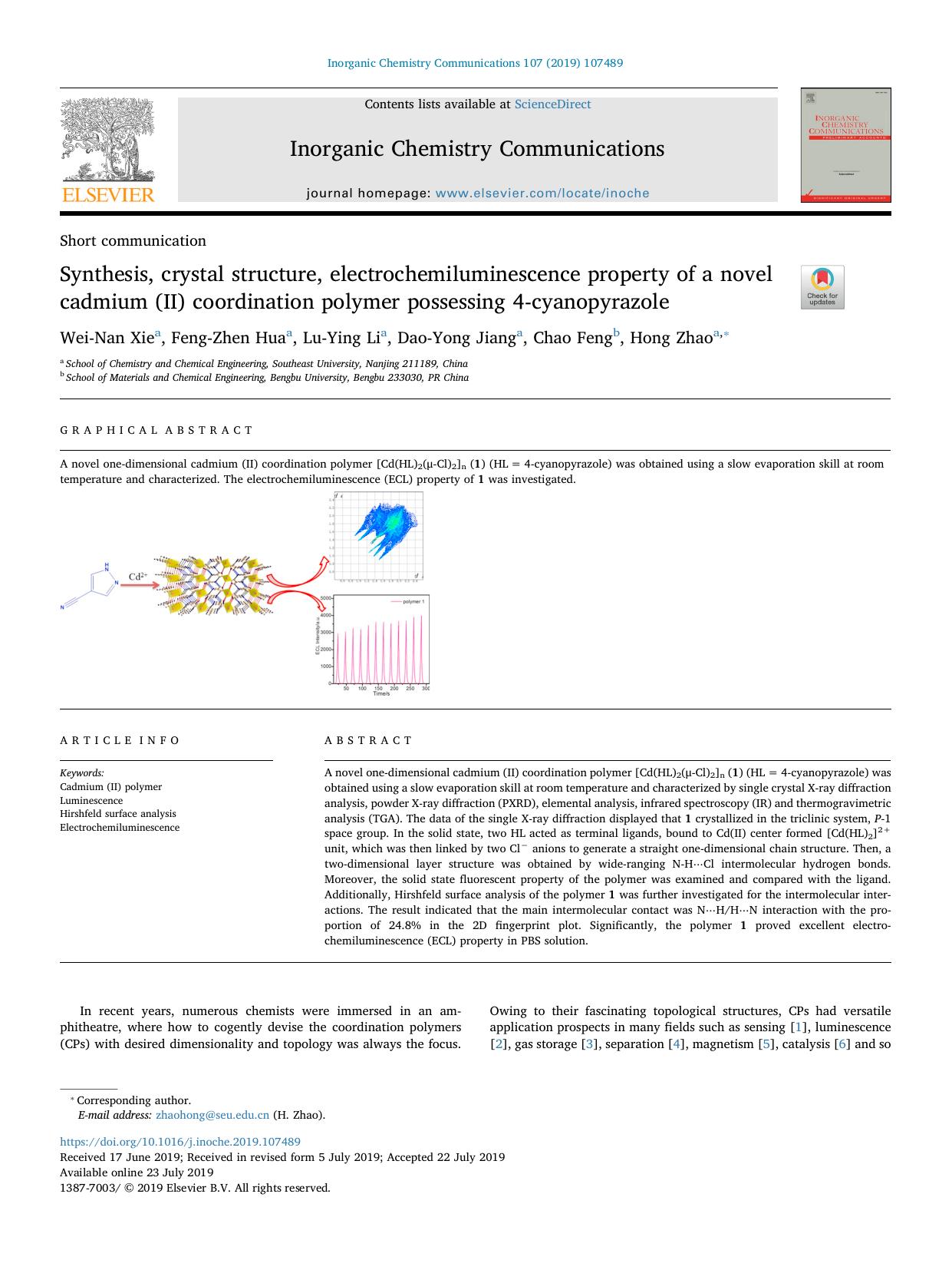 Synthesis, crystal structure, electrochemiluminescence property of a novel cadmium (II) coordination polymer possessing 4-cyanopyrazole by Wei-Nan Xie & Feng-Zhen Hua & Lu-Ying Li & Dao-Yong Jiang & Chao Feng & Hong Zhao