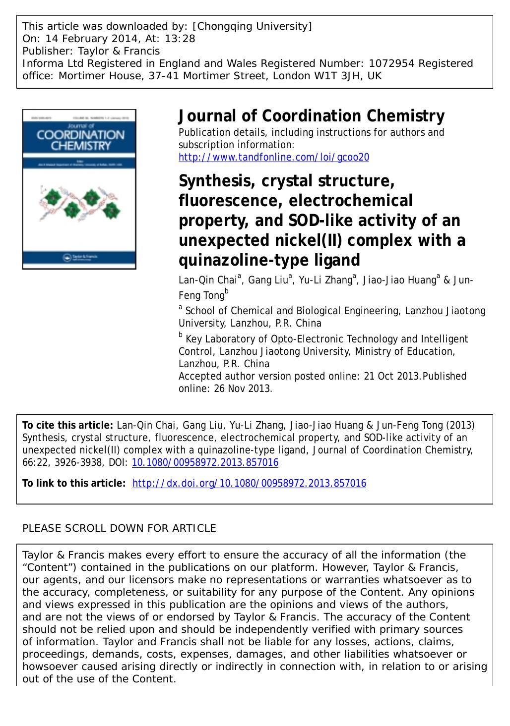 Synthesis, crystal structure, fluorescence, electrochemical property, and SOD-like activity of an unexpected nickel(II) complex with a quinazoline-type ligand by Lan-Qin Chai & Gang Liu & Yu-Li Zhang & Jiao-Jiao Huang & Jun-Feng Tong