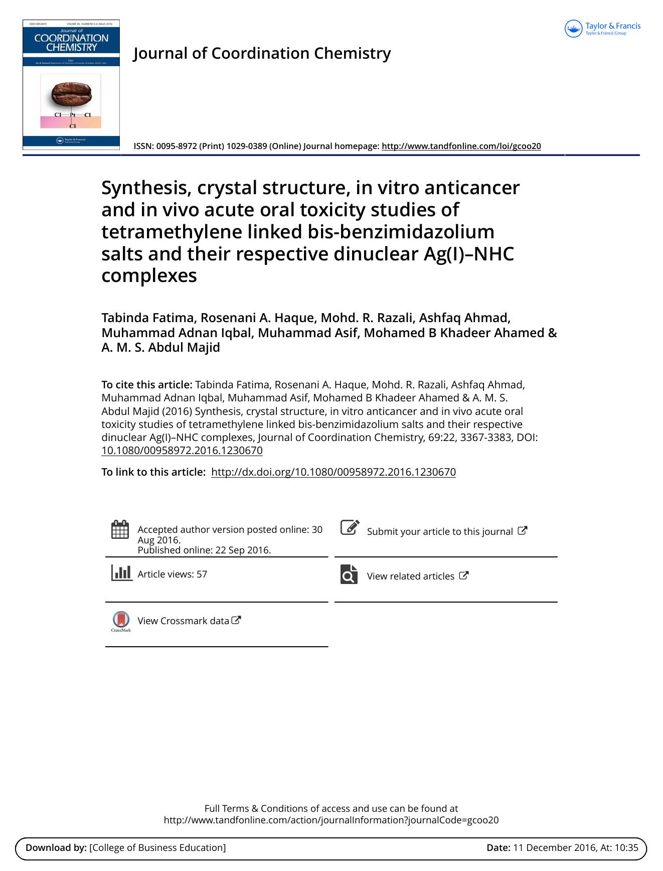 Synthesis, crystal structure, in vitro anticancer and in vivo acute oral toxicity studies of tetramethylene linked bis-benzimidazolium salts and their respective dinuclear Ag(I)âNHC complexes by unknow