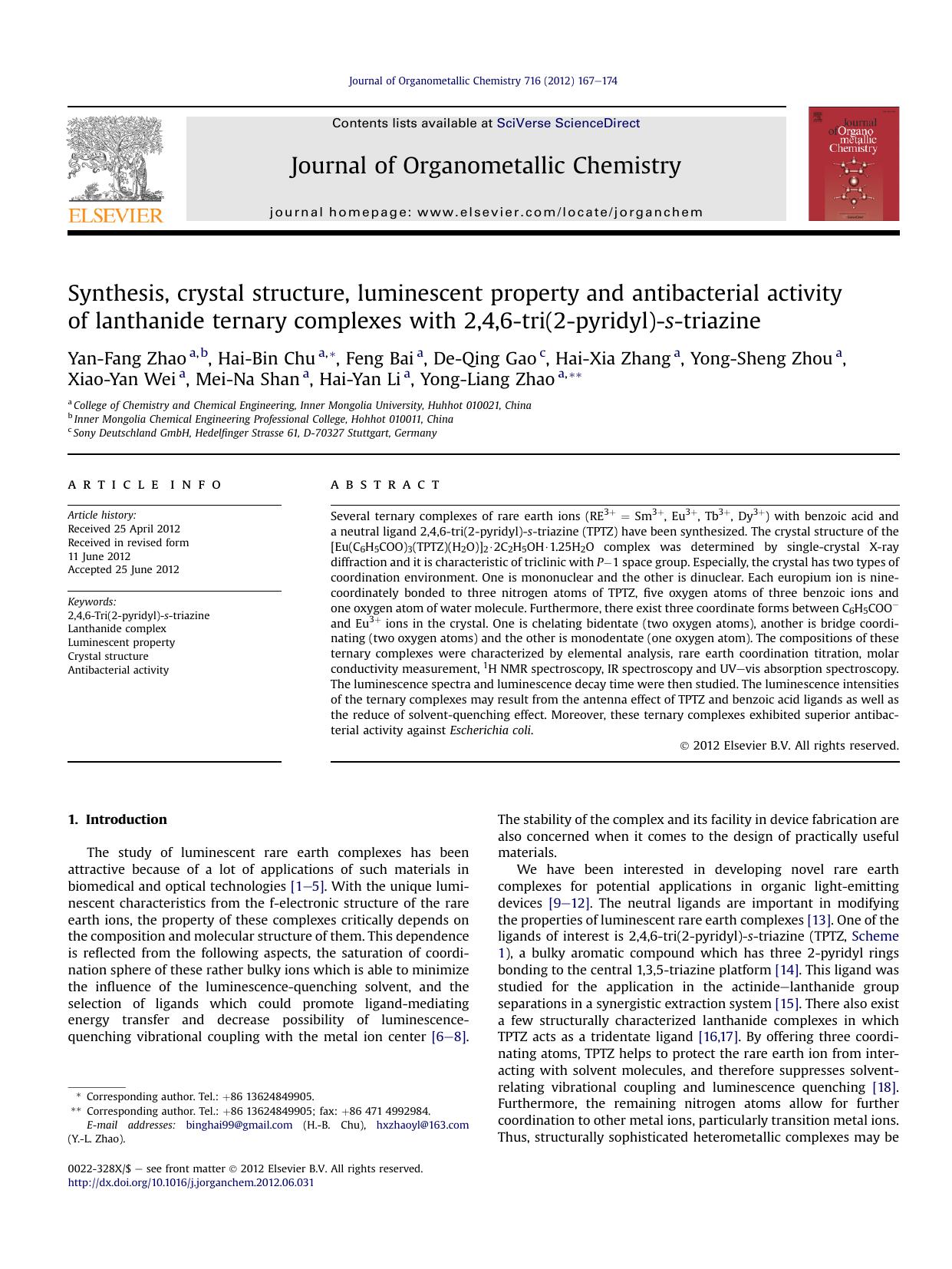 Synthesis, crystal structure, luminescent property and antibacterial activity of lanthanide ternary complexes with 2,4,6-tri(2-pyridyl)-s-triazine by unknow