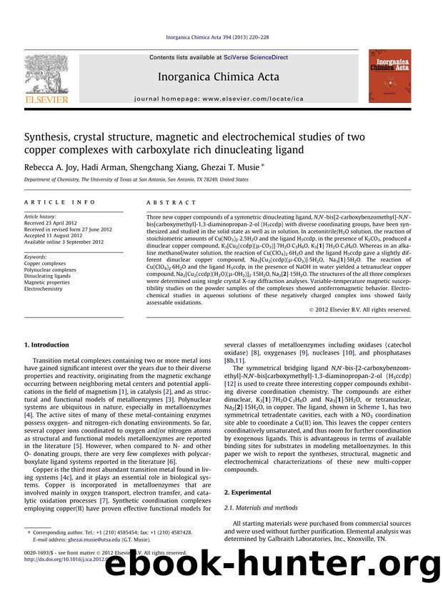 Synthesis, crystal structure, magnetic and electrochemical studies of two copper complexes with carboxylate rich dinucleating ligand by Rebecca A. Joy & Hadi Arman & Shengchang Xiang & Ghezai T. Musie