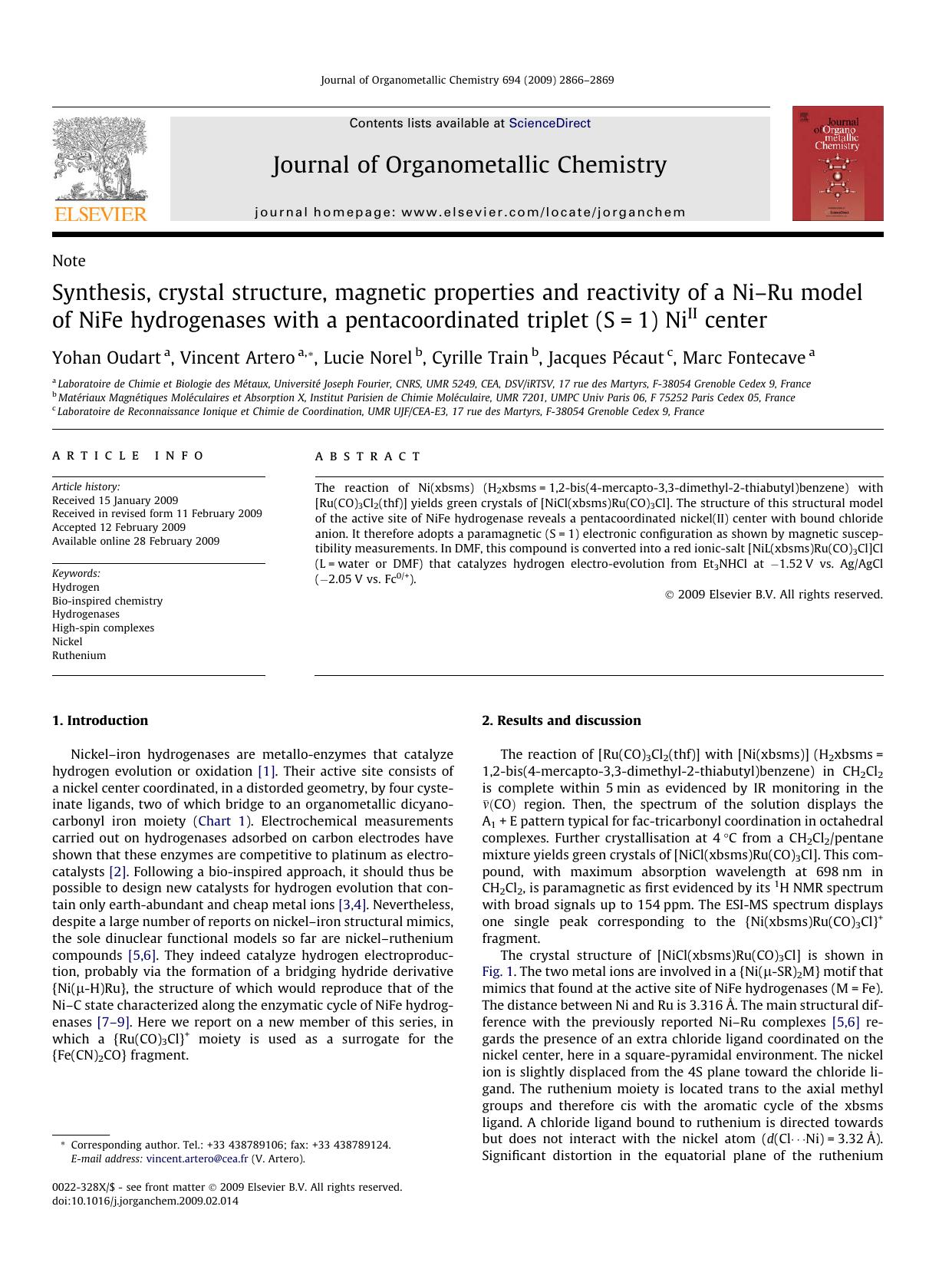 Synthesis, crystal structure, magnetic properties and reactivity of a Ni–Ru model of NiFe hydrogenases with a pentacoordinated triplet (S=1) NiII center by Yohan Oudart; Vincent Artero; Lucie Norel; Cyrille Train; Jacques Pécaut; Marc Fontecave