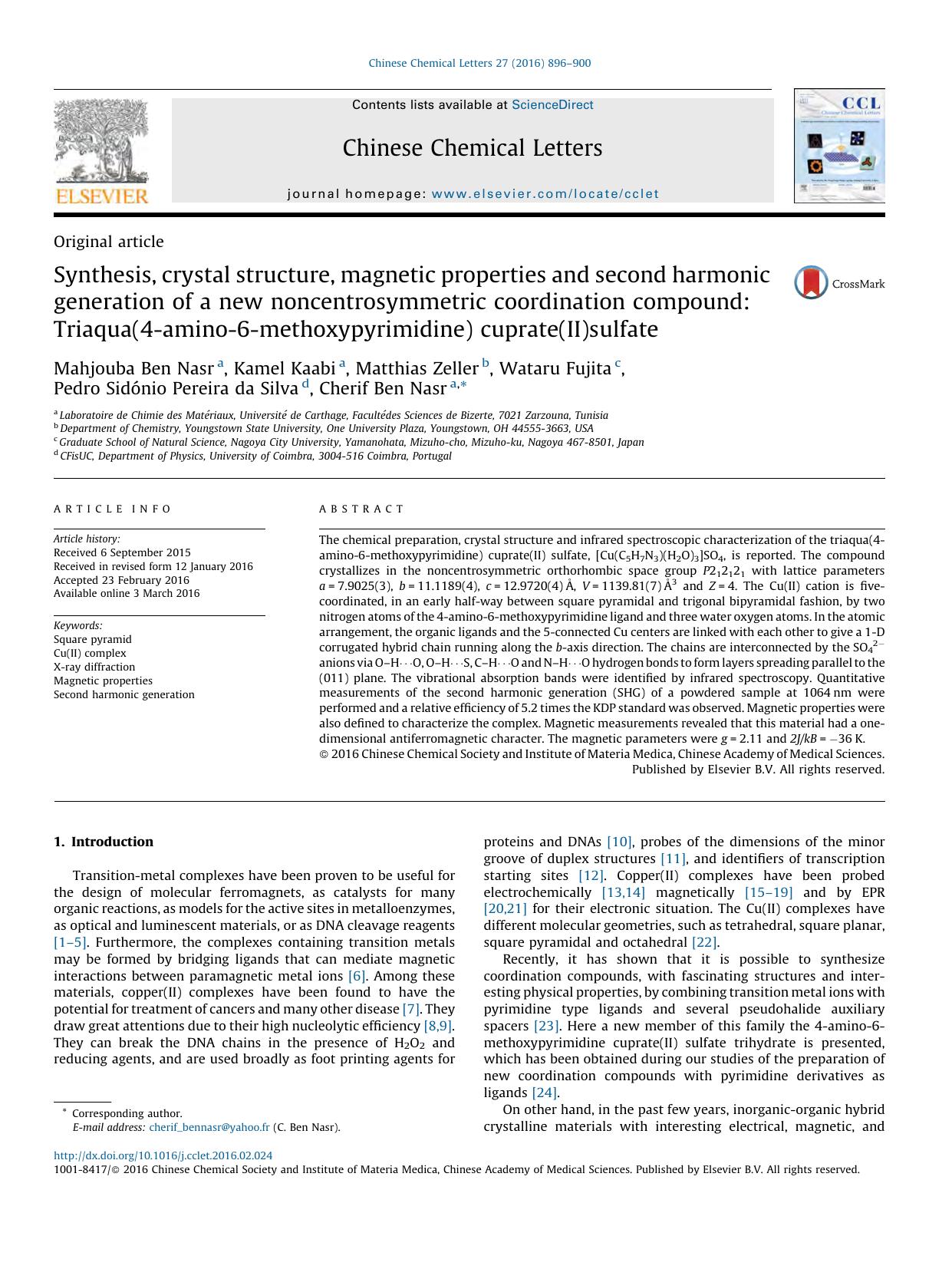 Synthesis, crystal structure, magnetic properties and second harmonic generation of a new noncentrosymmetric coordination compound: Triaqua(4-amino-6-methoxypyrimidine) cuprate(II)sulfate by unknow