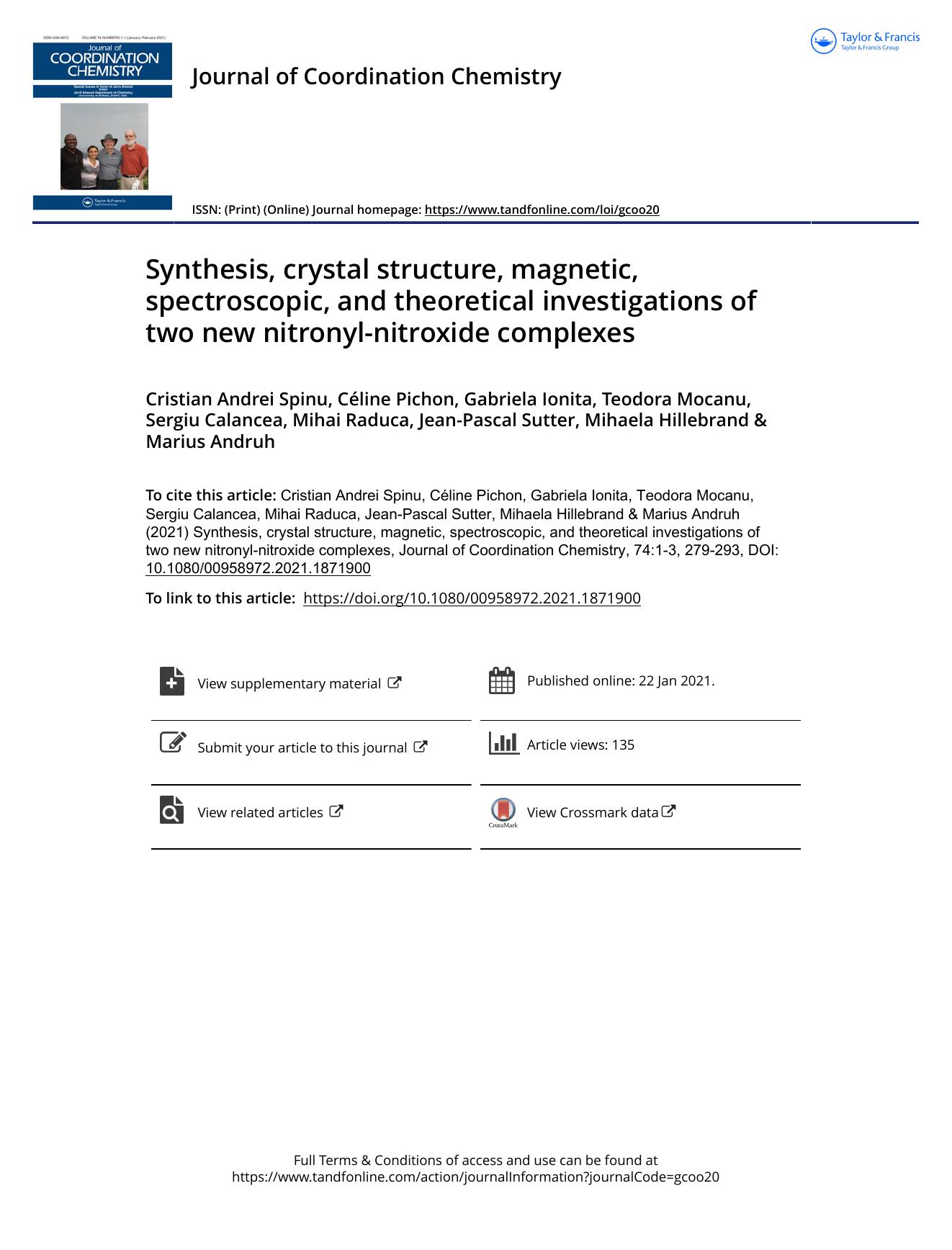 Synthesis, crystal structure, magnetic, spectroscopic, and theoretical investigations of two new nitronyl-nitroxide complexes by unknow