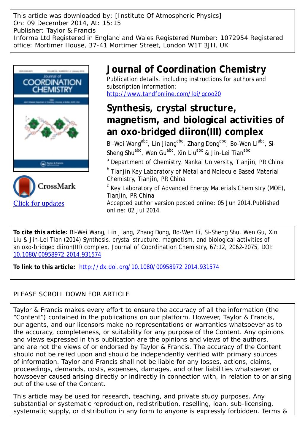 Synthesis, crystal structure, magnetism, and biological activities of an oxo-bridged diiron(III) complex by Bi-Wei Wang