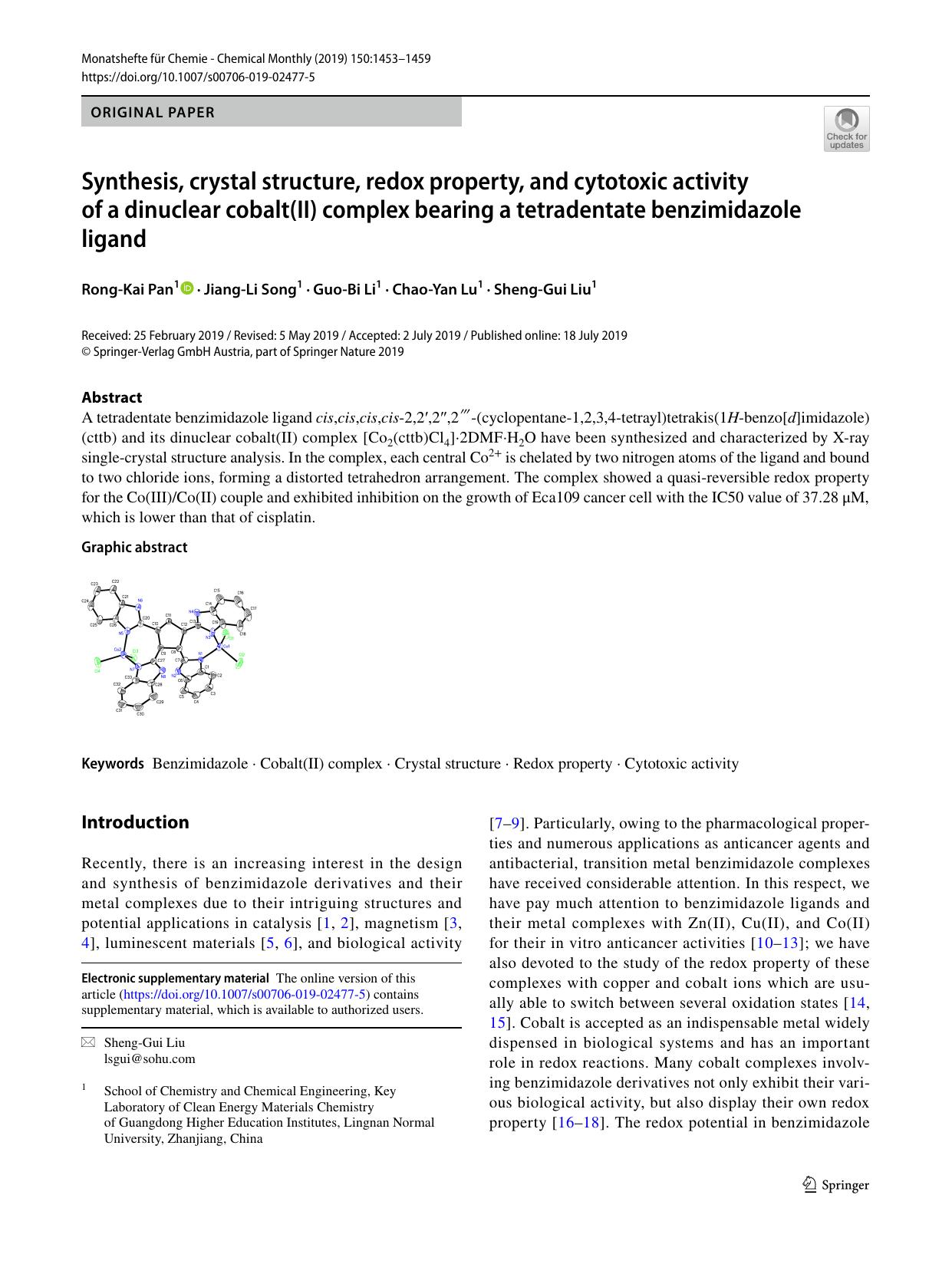 Synthesis, crystal structure, redox property, and cytotoxic activity of a dinuclear cobalt(II) complex bearing a tetradentate benzimidazole ligand by Rong-Kai Pan & Jiang-Li Song & Guo-Bi Li & Chao-Yan Lu & Sheng-Gui Liu