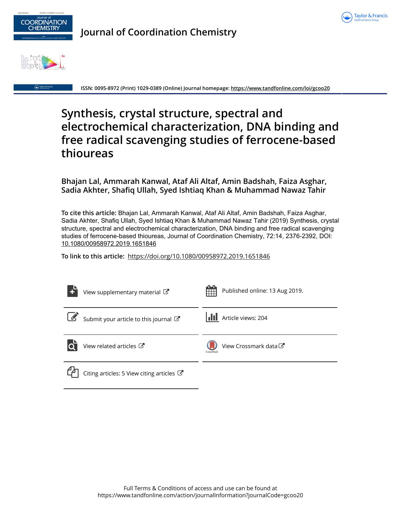 Synthesis, crystal structure, spectral and electrochemical characterization, DNA binding and free radical scavenging studies of ferrocene-based thioureas by unknow