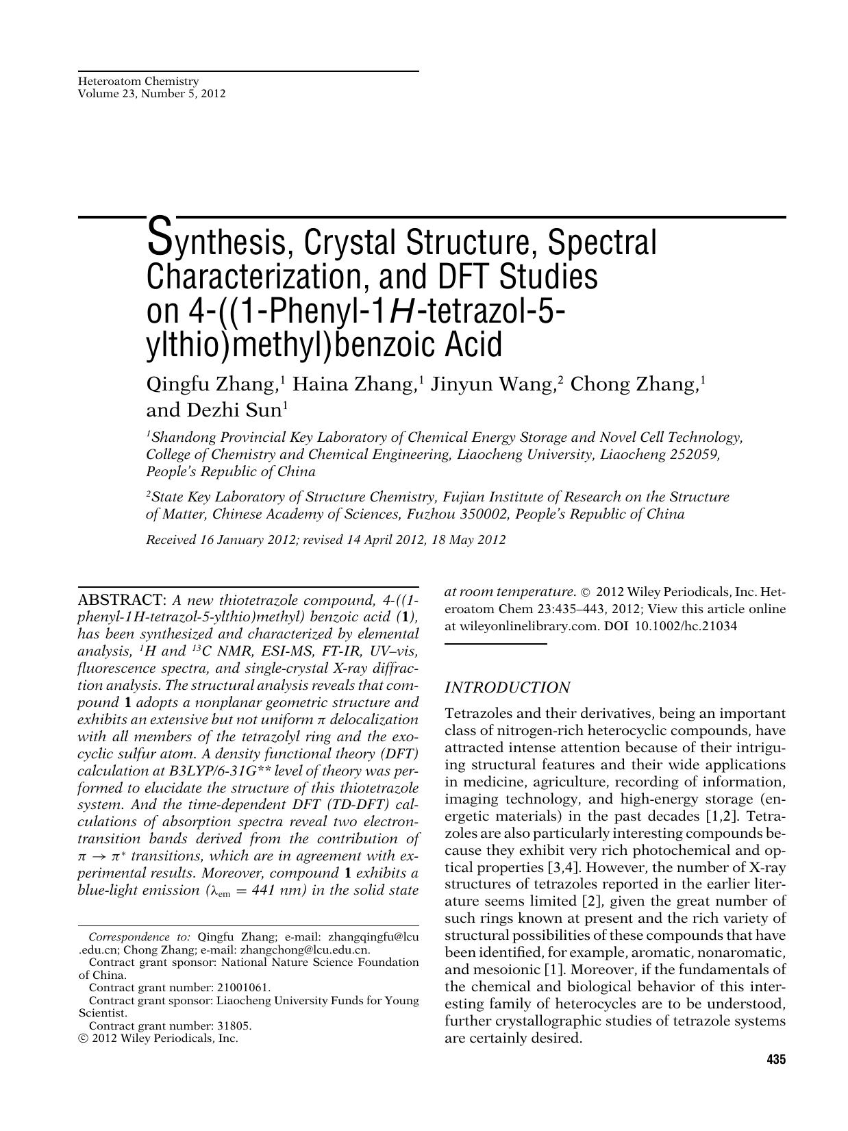 Synthesis, crystal structure, spectral characterization, and DFT studies on 4((1phenyl1Htetrazol5ylthio)methyl)benzoic acid by Unknown