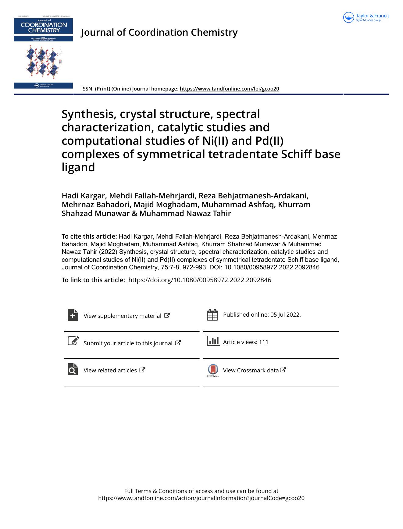 Synthesis, crystal structure, spectral characterization, catalytic studies and computational studies of Ni(II) and Pd(II) complexes of symmetrical tetradentate Schiff base ligand by unknow
