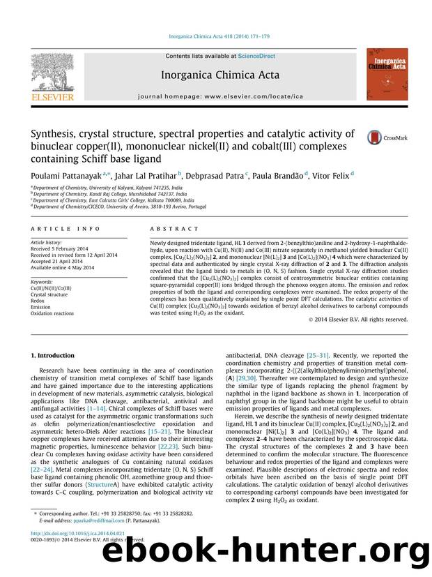 Synthesis, crystal structure, spectral properties and catalytic activity of binuclear copper(II), mononuclear nickel(II) and cobalt(III) complexes containing Schiff base ligand by Poulami Pattanayak & Jahar Lal Pratihar & Debprasad Patra & Paula Brandão & Vitor Felix