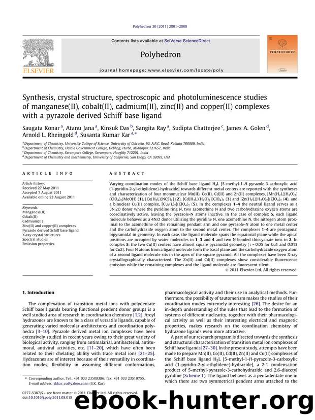 Synthesis, crystal structure, spectroscopic and photoluminescence studies of manganese(II), cobalt(II), cadmium(II), zinc(II) and copper(II) complexes with a pyrazole derived Schiff base ligand by unknow